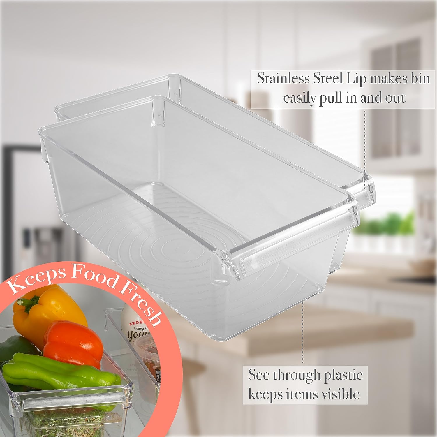 Kitchen Details 2 Pack Medium Refrigerator Storage Bin | Fridge & Freezer | Kitchen Organization | Stainless Steel Handle | Countertop | Cabinets