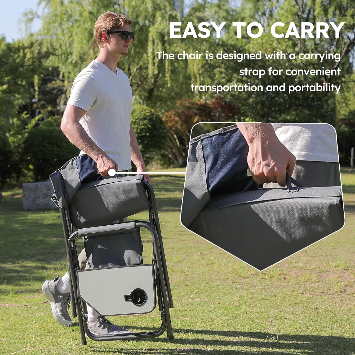 Colegence Oversized Directors Camping Chair for Adults, 600 lb, Black | Heavy duty folding outdoor chair with 28" wide seat, supportive back, side table, cup holder and detachable storage pocket