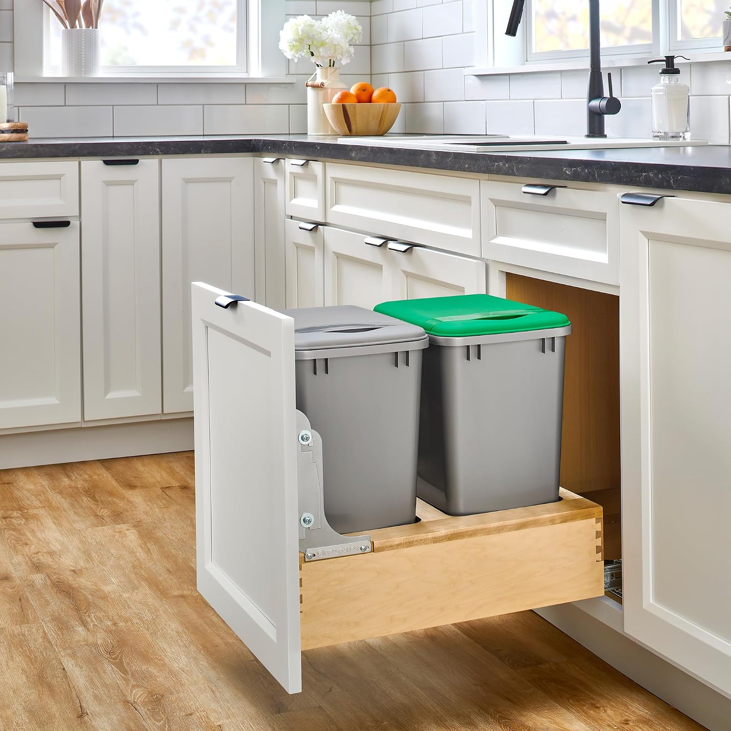 Rev-A-Shelf 35 Qt Bottom Mount Single Pullout Under Cabinet Kitchen Trash Cans for Base Cabinets, 150 Pound Rated Full-Extension Slides, Min Opening Width of 11.5", Silver, 4WCBM-15DM-1