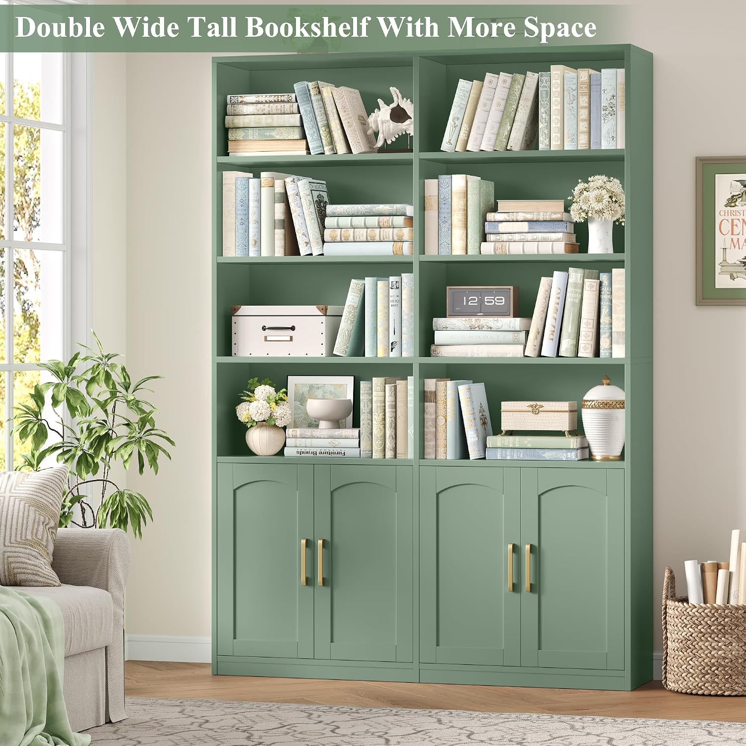 Bookshelf and Bookcase with Doors, Double Wide Large Bookshelves | Industrial Open Display Shelves 6 Tier, 73'' Tall Bookshelf with Storage Cabinets for Office,Home, Living Room, Library,White