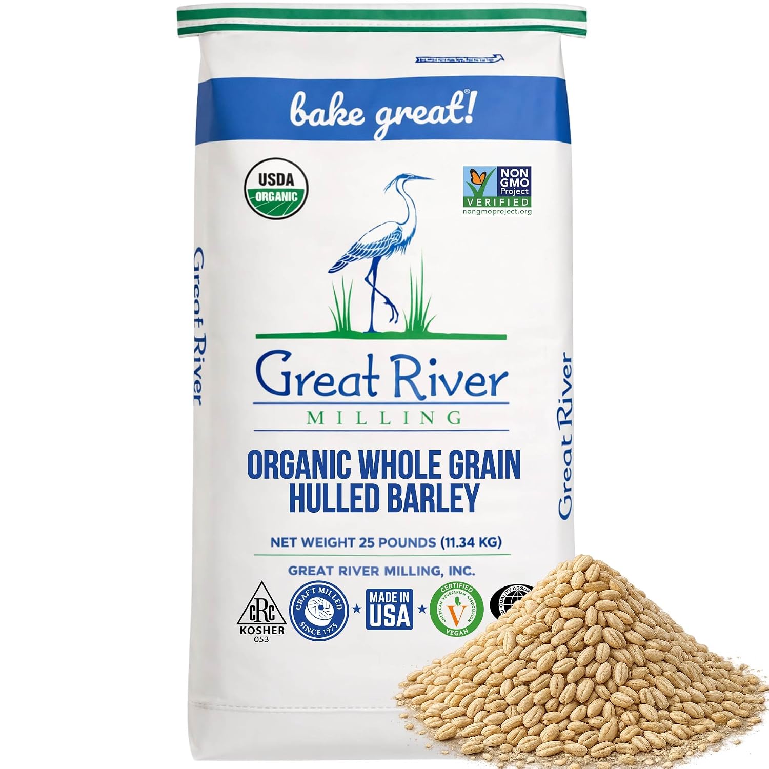 Great River Milling Organic Hulled Barley, Whole Grain, 25 lb | Organic Hulled Barley for soups, stews, pilaf, porridge, salads, grain bowls and home milling; chewy whole-grain texture and