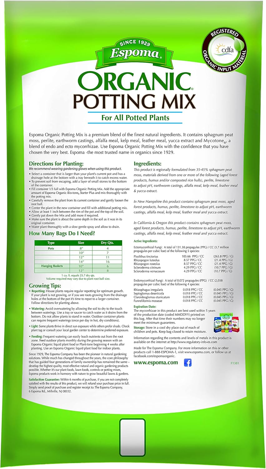 Espoma Organic Potting Soil Mix - All Natural Potting Mix For All Indoor & Outdoor Containers Including Herbs & Vegetables. For Organic Gardening