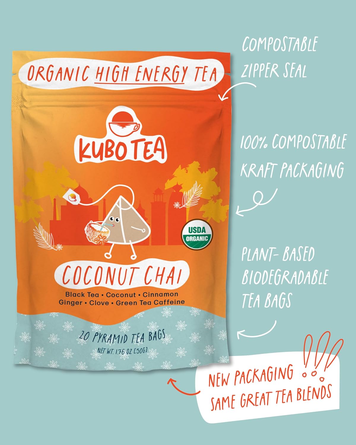 Kubo Energize Yerba Mate Tea, Organic High Caffeine Energy Tea Bags - 20 Ct