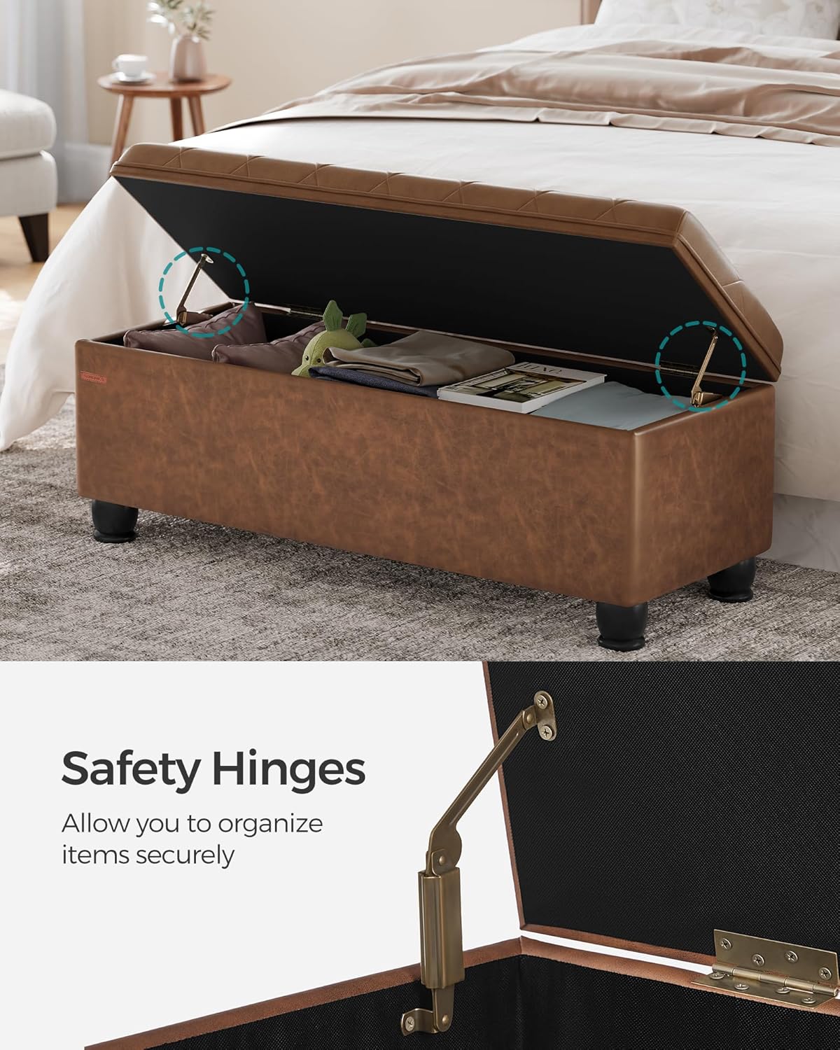 SONGMICS Storage Ottoman, 46.5 Inches Bedroom Bench, Solid Wood Legs