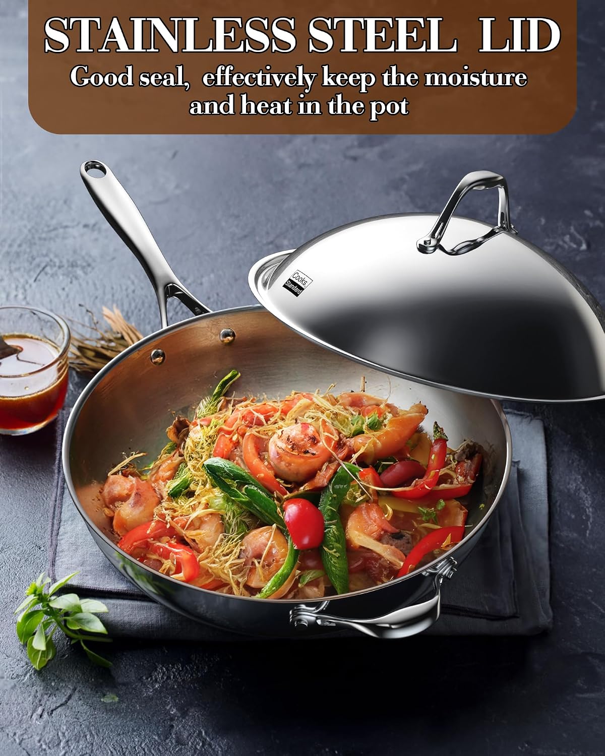 Cooks Standard Multi-Ply Clad 12 Inch Stainless Steel Wok Pan, Stir Fry Pan with Glass Lid, Induction Cookware, Dishwasher & Oven Safe, Compatible with All Cooktops