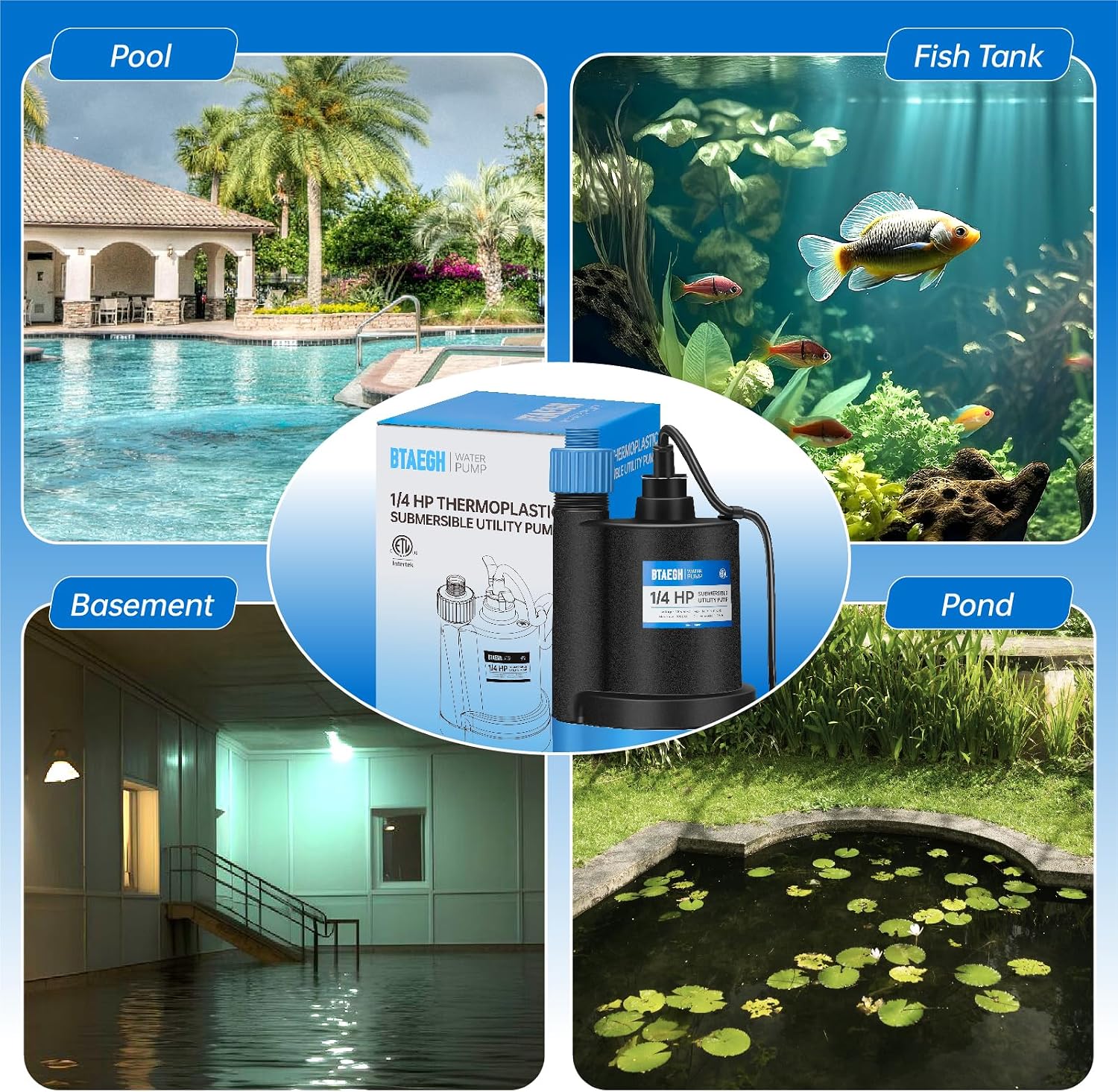 1/4 HP Submersible Water Pump 1800GPH Small Sump Pump Thermoplastic Electric Portable Transfer Utility Pump Clean for Swimming Pool Basement Garden