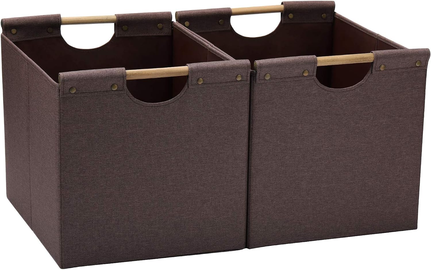 HOONEX Large Collapsible Storage Bins, Linen Fabric, 2 Pack, Storage Baskets with Wooden Carry Handles and Sturdy Heavy Cardboard, for Home, Office
