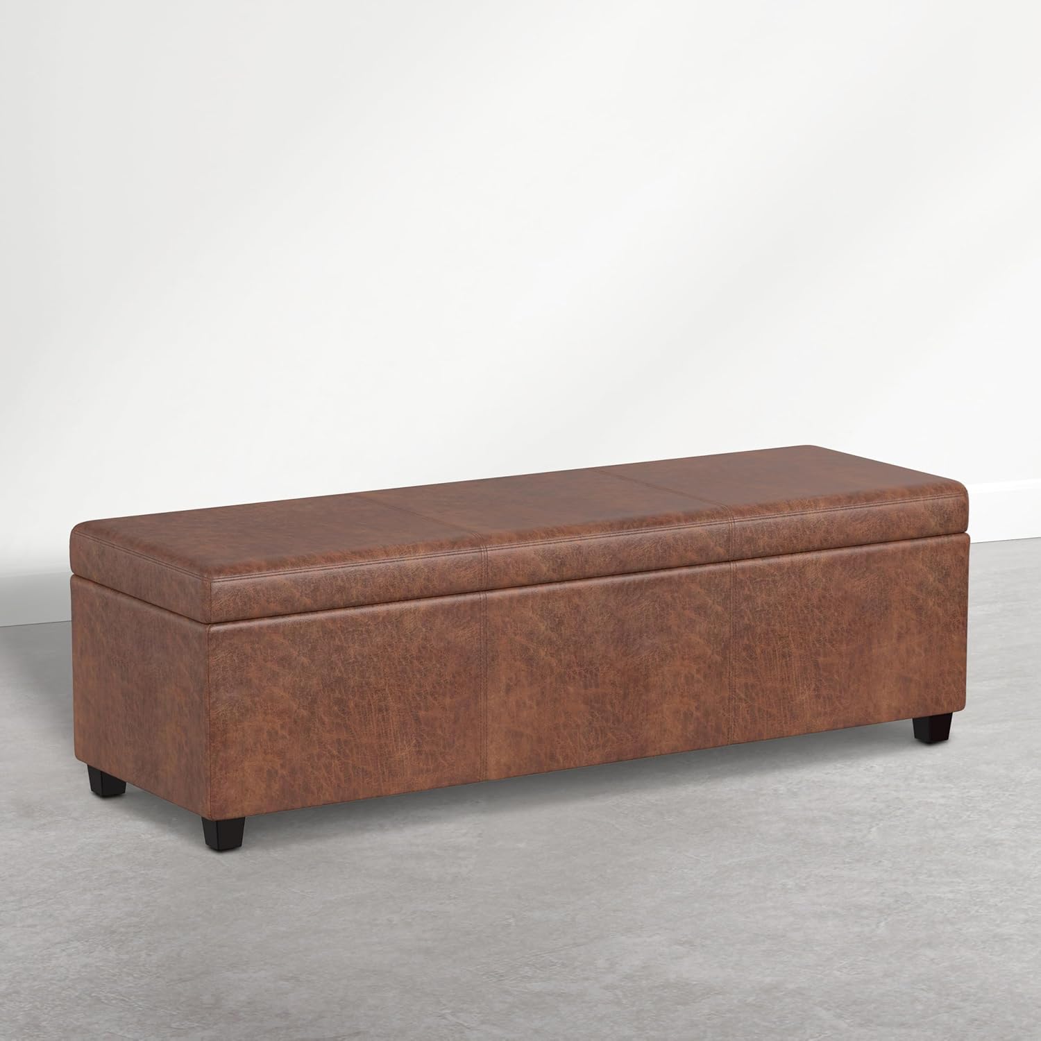 SIMPLIHOME Avalon 54" Wide Vegan Leather Storage Ottoman in Tanners Brown