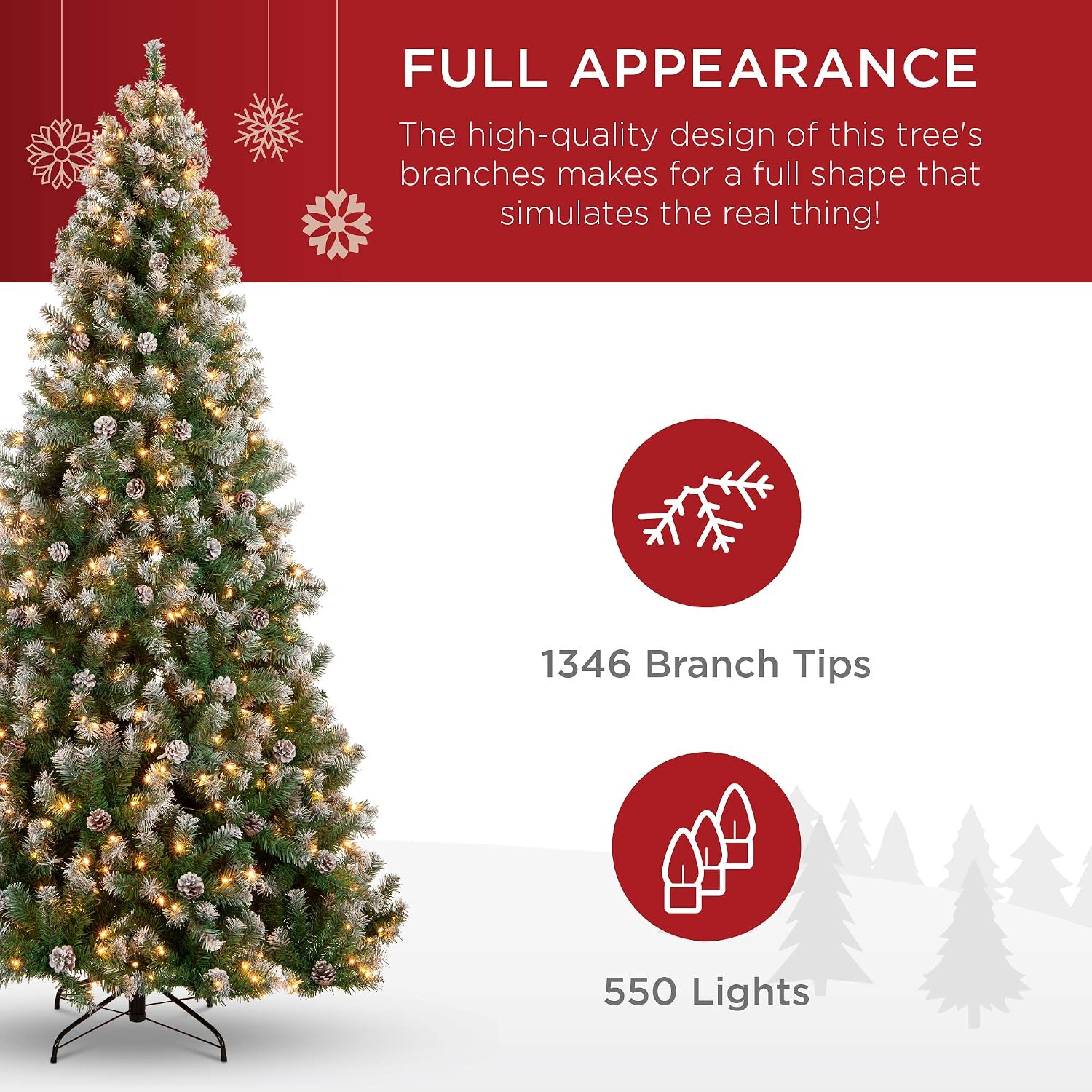 Best Choice Products 7.5ft Pre-Lit Pre-Decorated Pine Artificial Christmas Tree w/Twinkling LEDs, 1, 346 Flocked Frosted Tips, 80 Pinecones