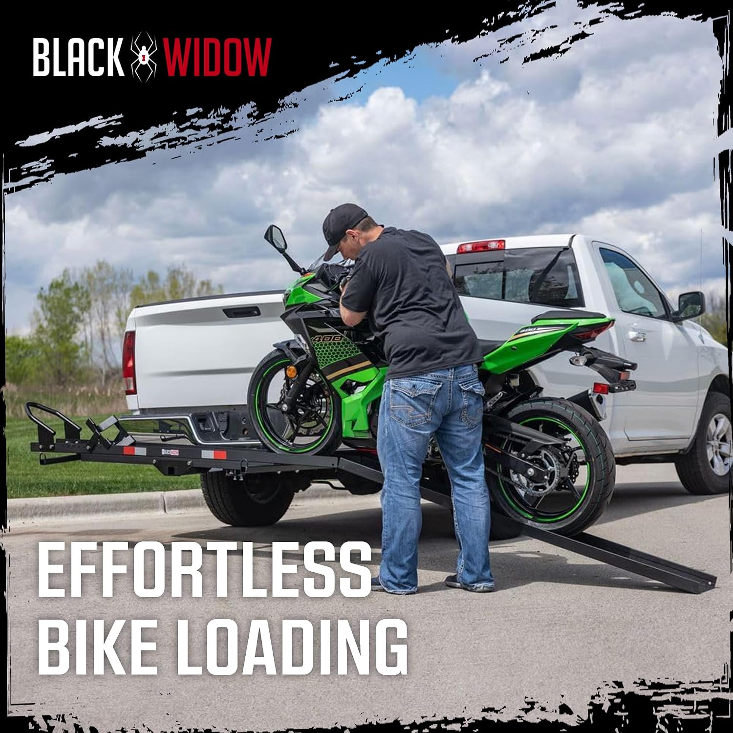 Black Widow Steel Motorcycle Carrier with Ramp for 2-Inch Receiver, 500 lb Capacity - Hitch-Mounted Dirt Bike and Scooter Hauler with Grit-Coated Track and Anti-Rattle Device for SUVs and Trucks