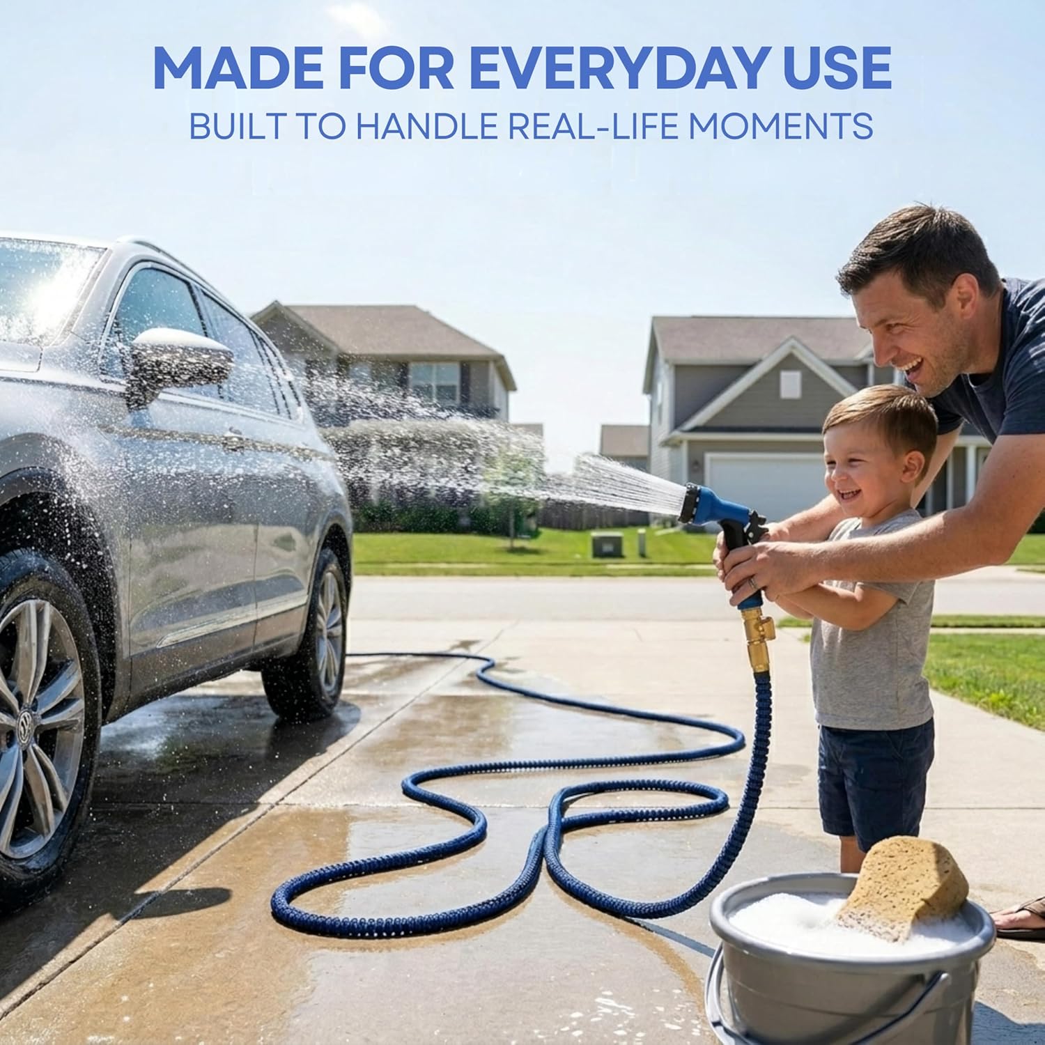 J&B XpandaHose 75ft Expandable Garden Hose, Lightweight, Brass Connectors | Ultra Strong 3750D fabric, 4-layer latex core, expands 3X, kink & leak-resistant, 10-pattern nozzle, storage bag