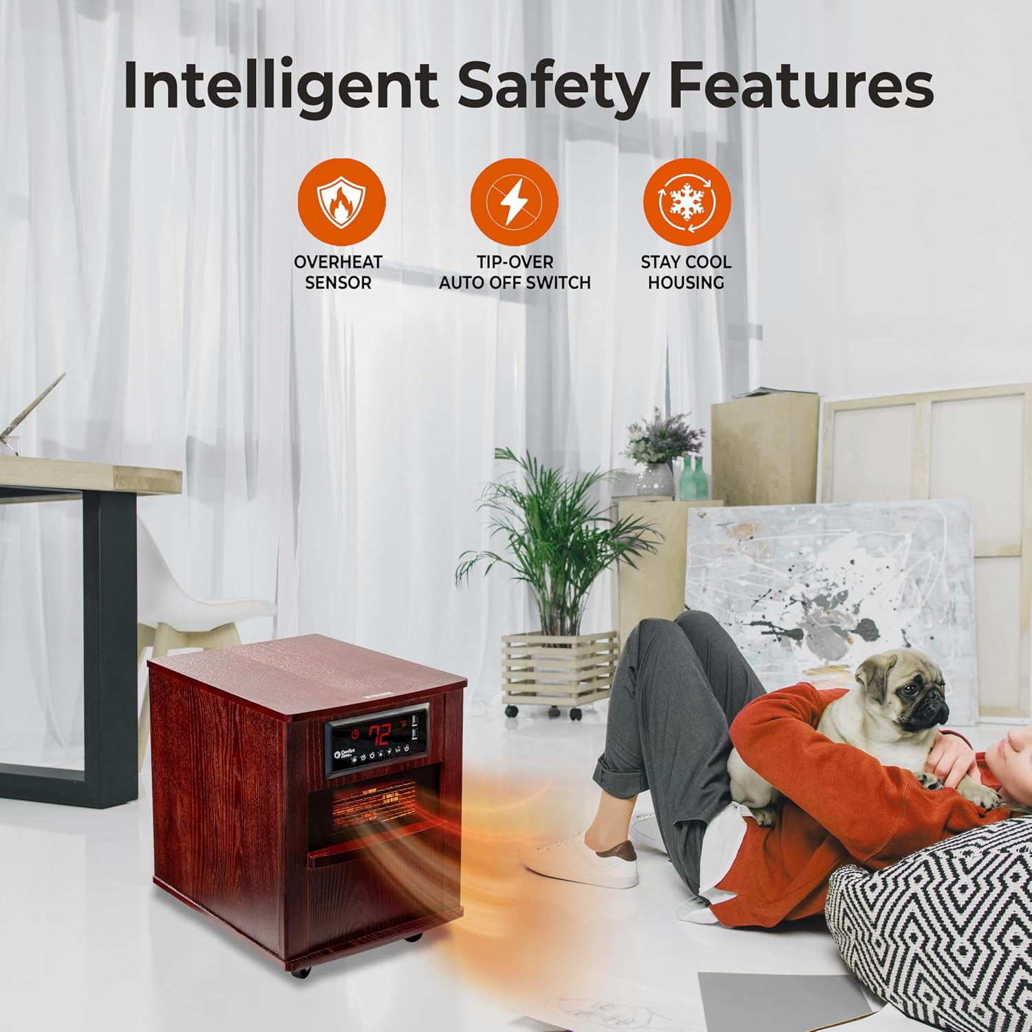 Comfort Zone Indoor Space Heater, 20 inch, 1,500 watt, Cabinet Heater with Remote, Infrared, Quartz, USB Charging Ports, Timer, Tip Over Switch & Overheat Protection, Ideal for Home & Office, CZ2062W