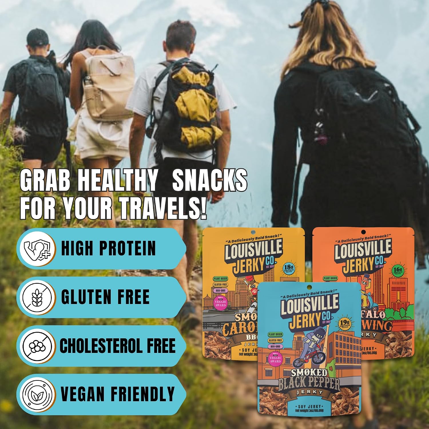 Louisville Jerky Co. Traditional Vegan Jerky Pack, 3 oz, 5-Pack | Plant Based, High Protein Snack, Vegetarian Friendly, BBQ, Buffalo, Maple Bacon, Pepperoni Pizza, Black Pepper