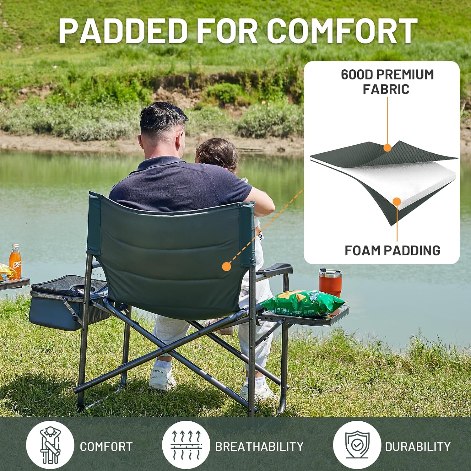 Timber Ridge XXL Oversized Directors Chair 600lbs - Heavy Duty Camping Chair with Cooler Bag & Table, Portable Folding Chair with Wide Seat for Tailgating, Patio, Outdoor - Grey