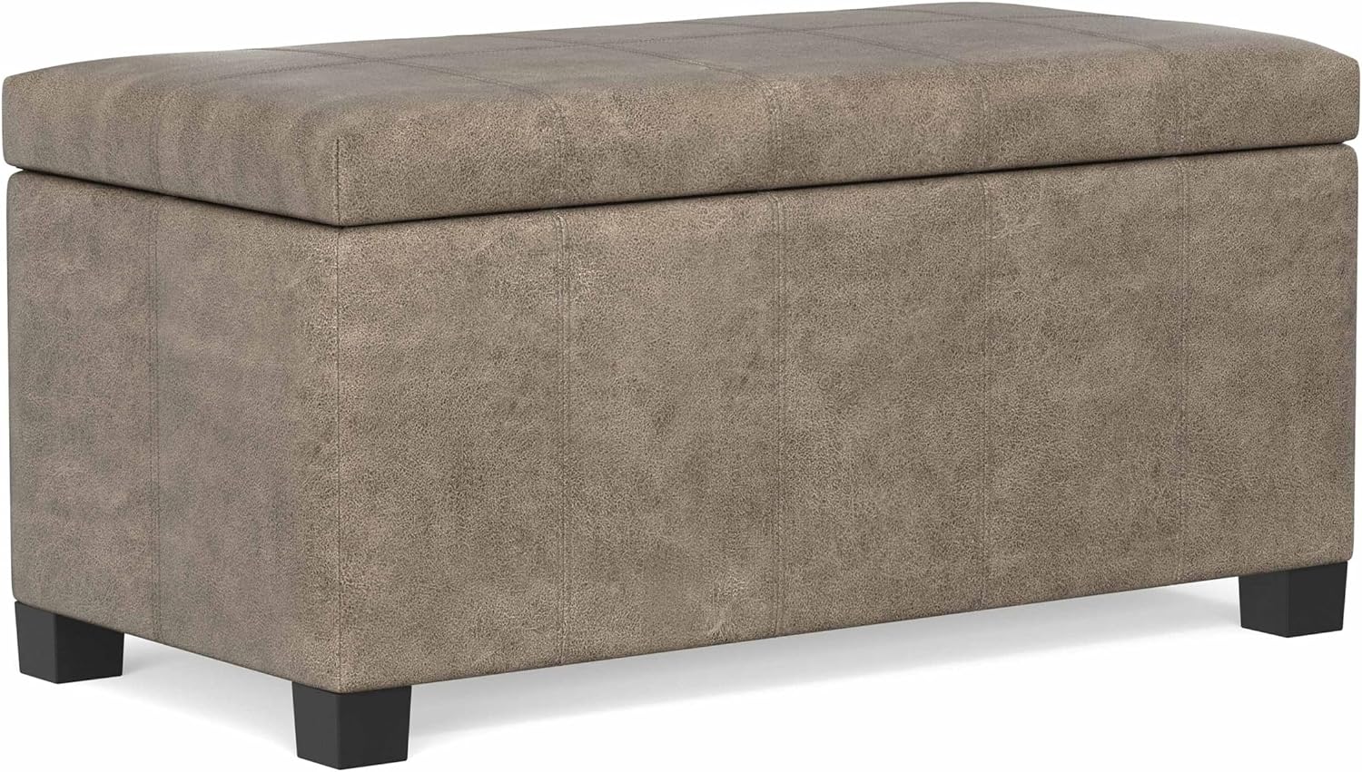 SIMPLIHOME Dover 36" Wide Vegan Leather Storage Ottoman in Midnight Black | Distressed umber brown, contemporary ottoman with lift-top and safety hinges; rectangle storage bench for living room.