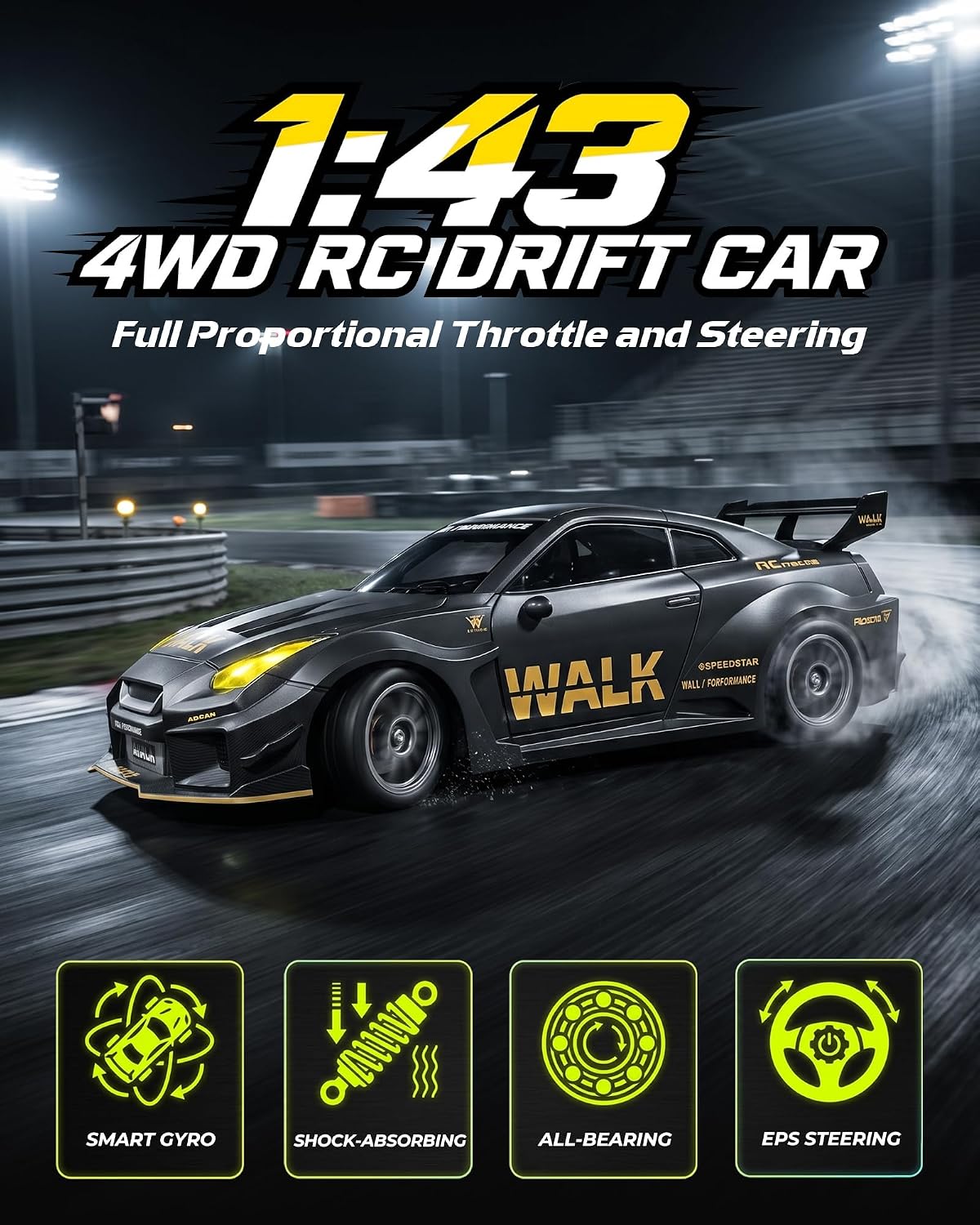 ARRIS 1/43 911 RC Drift Car 4WD with Gyro Full Proportional RTR | Alloy Body, 20KM/H Speed, Extra Drift Tires, Silent Bearings, LED Lighting
