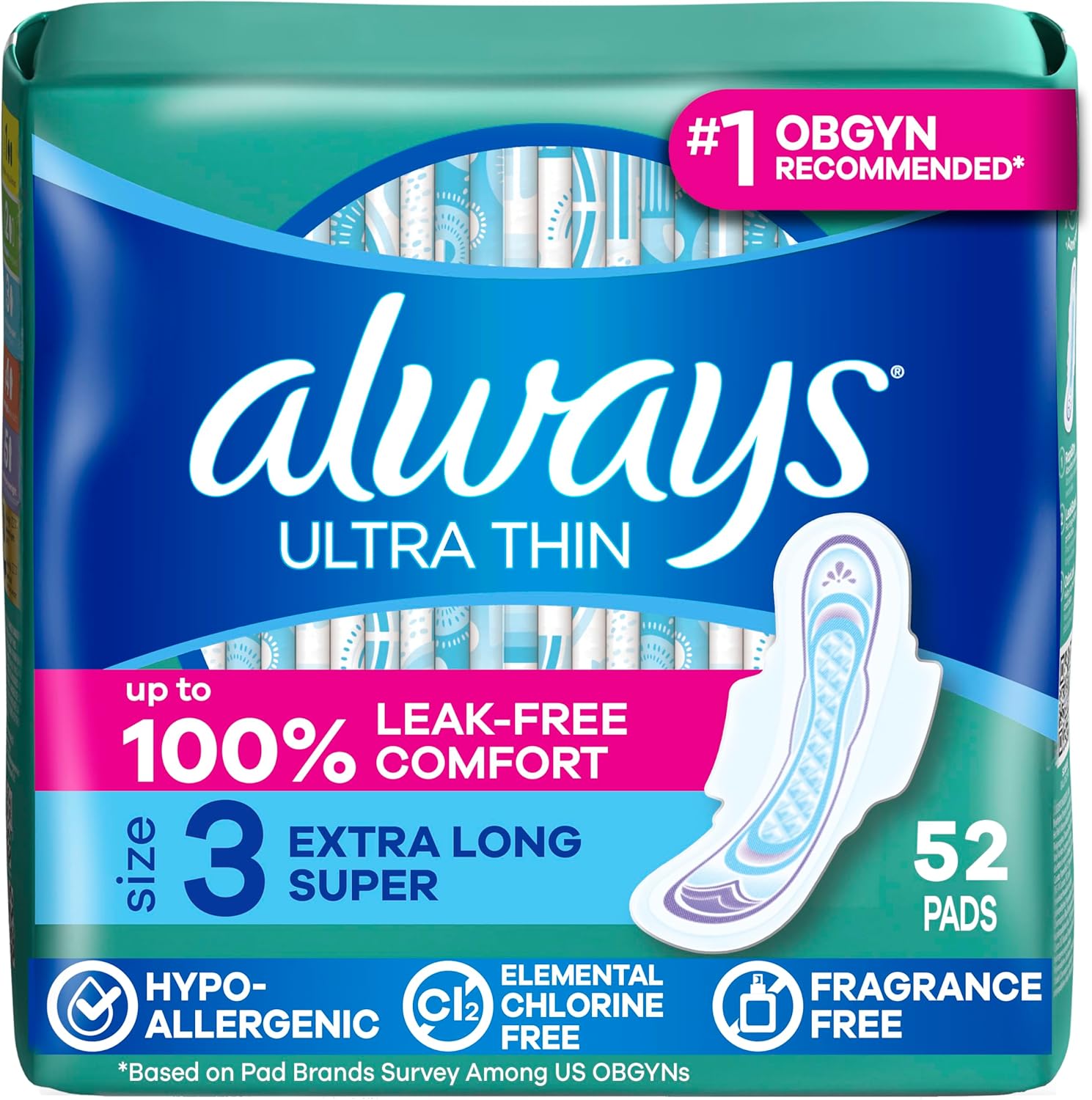 Always Ultra Thin Feminine Pads with Wings for Women, Size 3, Extra Long Super Absorbency, Unscented, Up to 100% Leak-Free Protection, 84 Count Total
