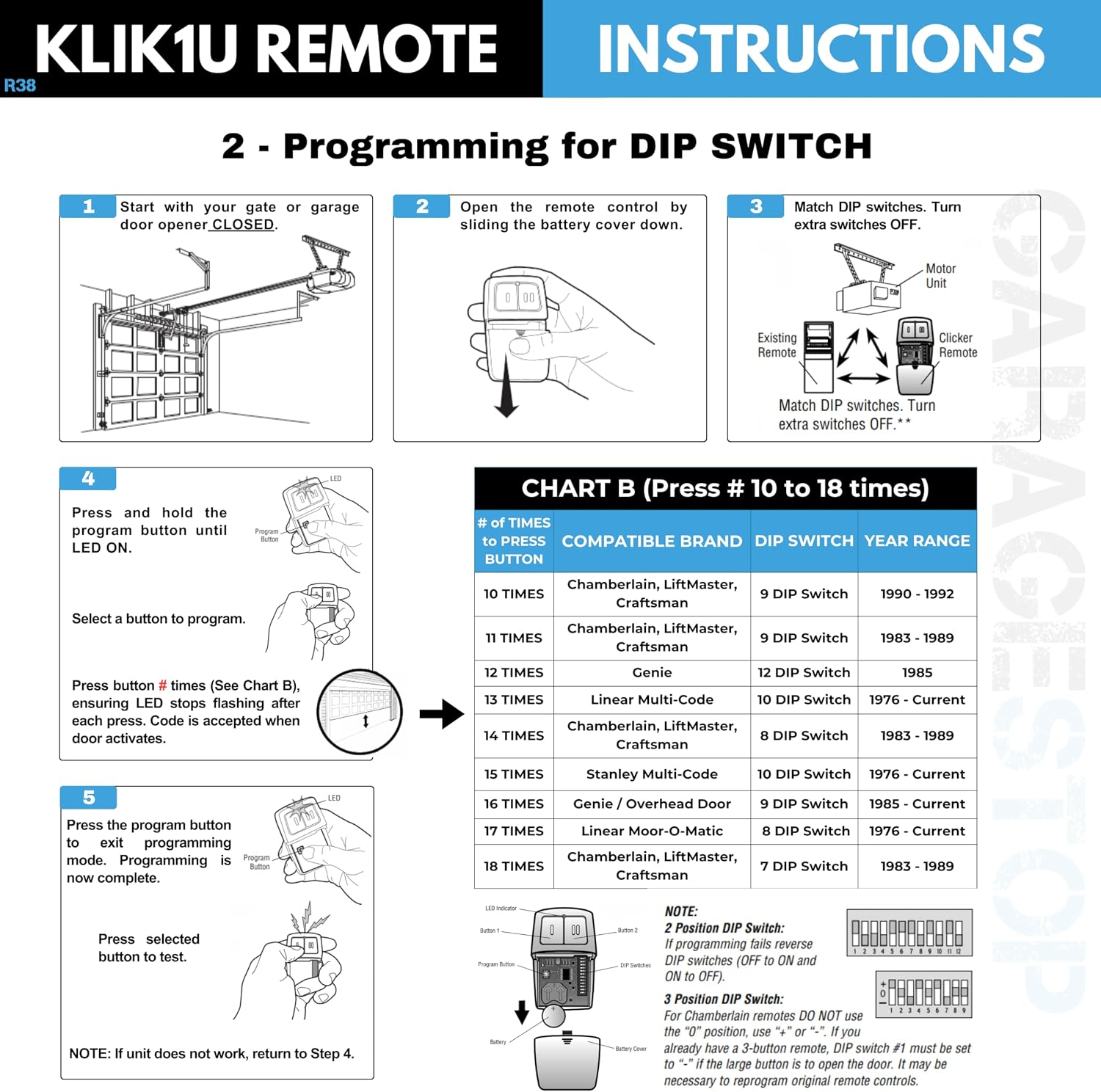 2X Universal Garage Door Opener Remote KLIK1U 375UT 375LM Garage Clicker
