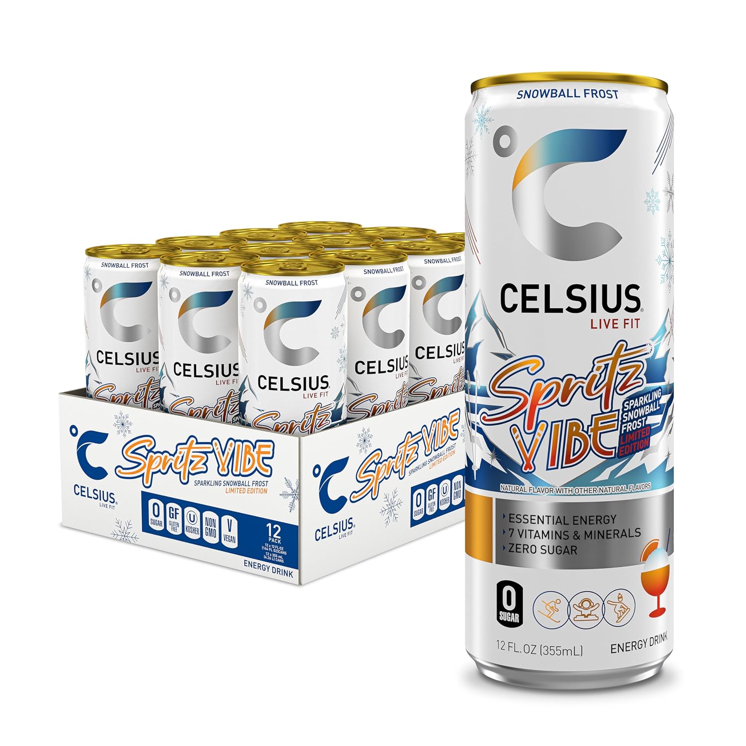 CELSIUS PEACH VIBE Sparkling White Peach, Sugar Free Energy Drink, 12 Fl Oz (Pack of 12)