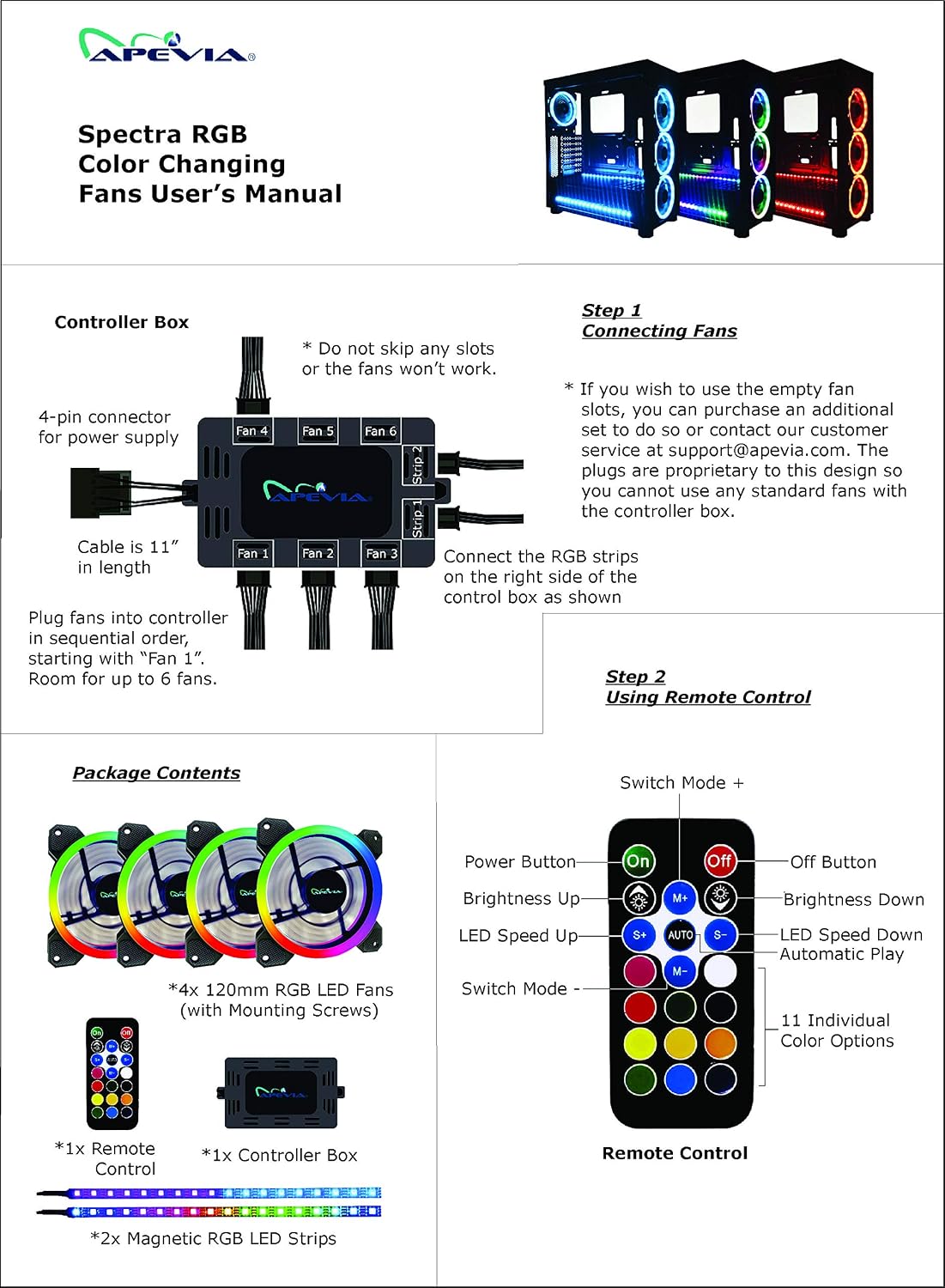 Apevia ST4-RGB Spectra 120mm Silent RGB Fan 4-Pack with Remote Control