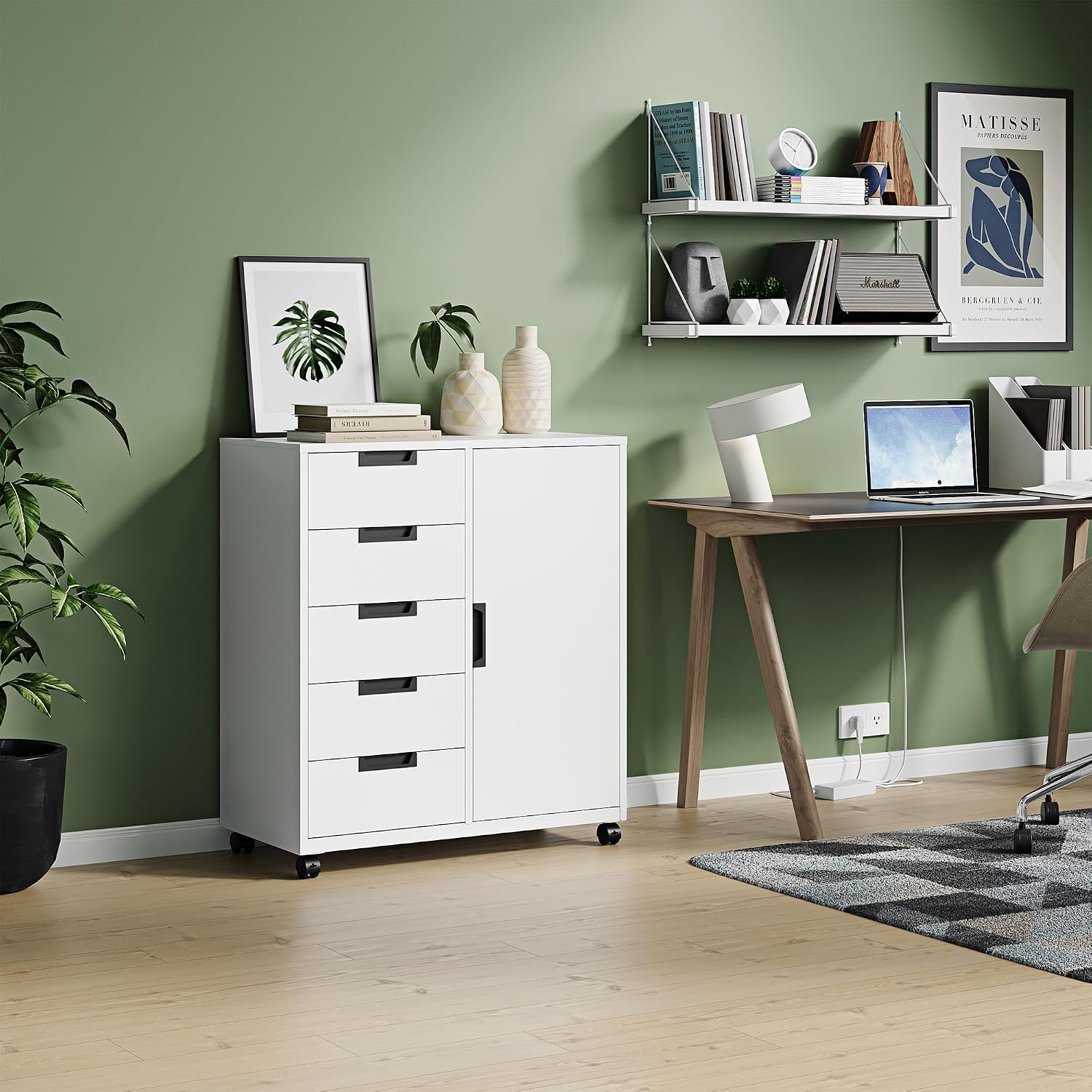 5 Drawer Storage Cabinet, Mobile Printer Stand for Home Office,Dresser Chest with Shelves and Door(White)