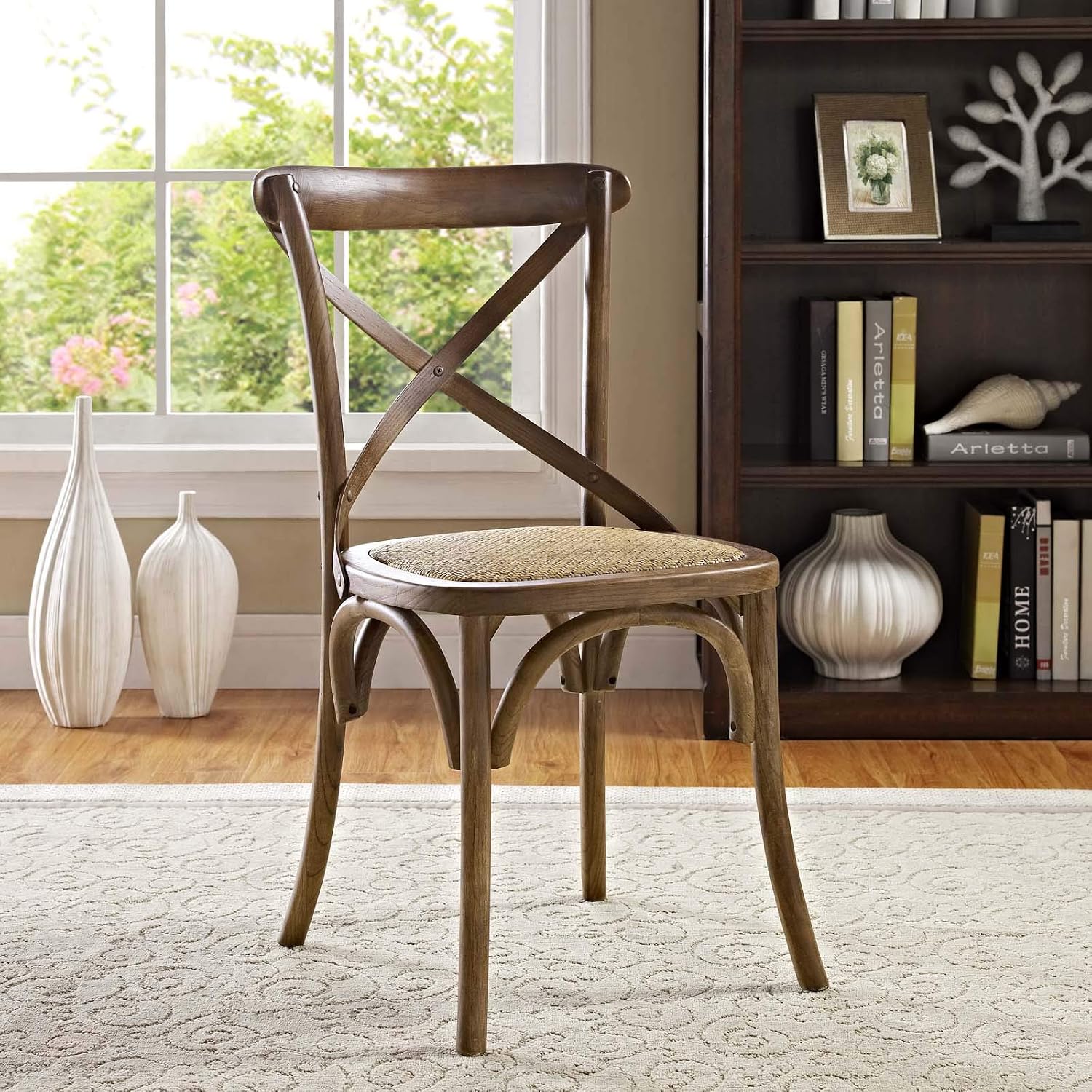 Modway Gear Rustic Modern Farmhouse Elm Wood Rattan Dining Chair in Gray