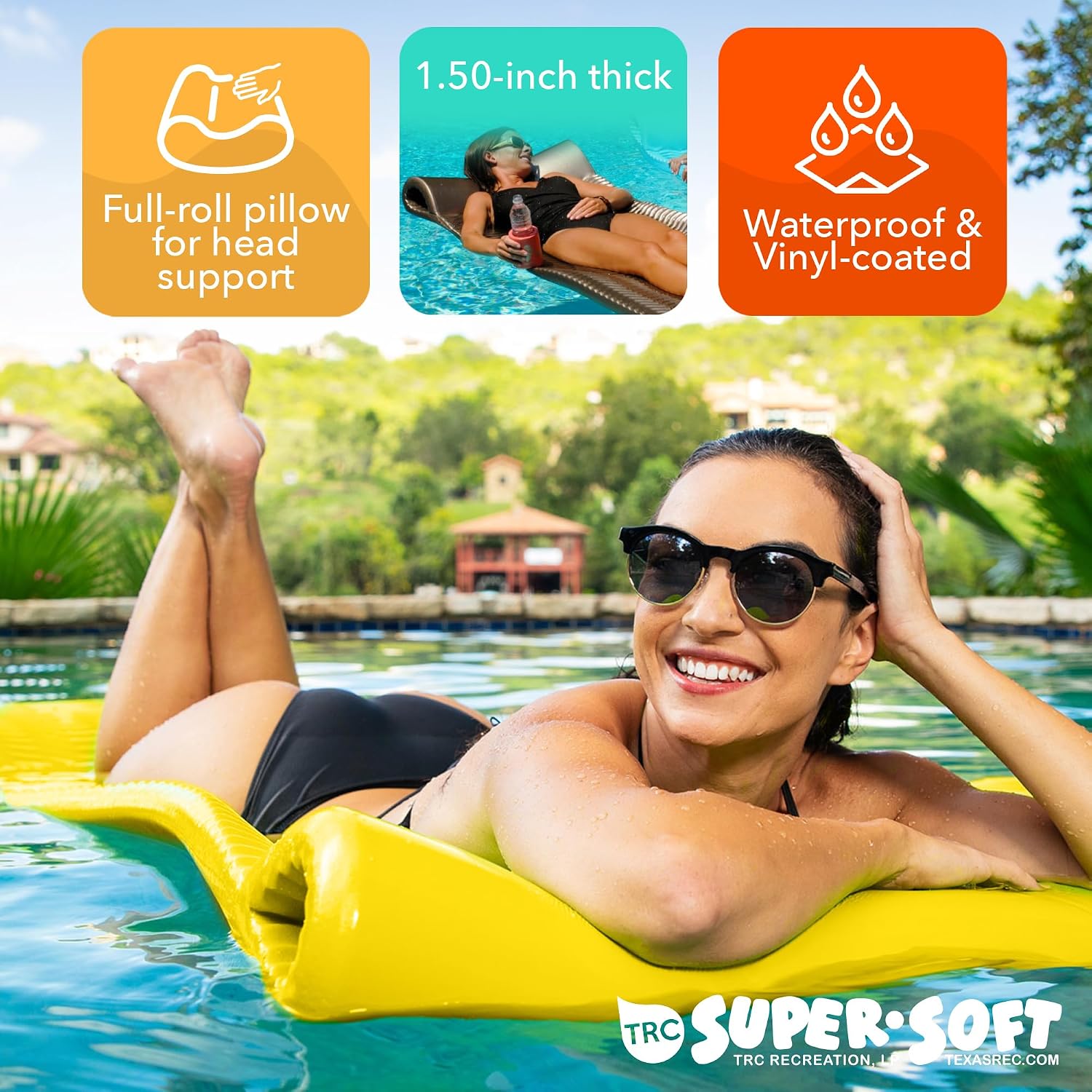 TRC Recreation Serenity 1.5” Thick Vinyl Coated Foam Swimming Pool Float Mat Adult Lounger with Built-in Roll Pillow