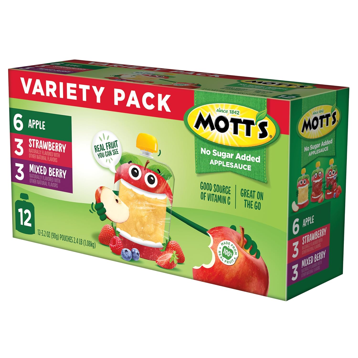Mott's No Sugar Added Strawberry Applesauce, 3.2 Oz Clear Pouches, 48 Count (4 Packs Of 12), Good Source Of Vitamin C, No Artificial Flavors