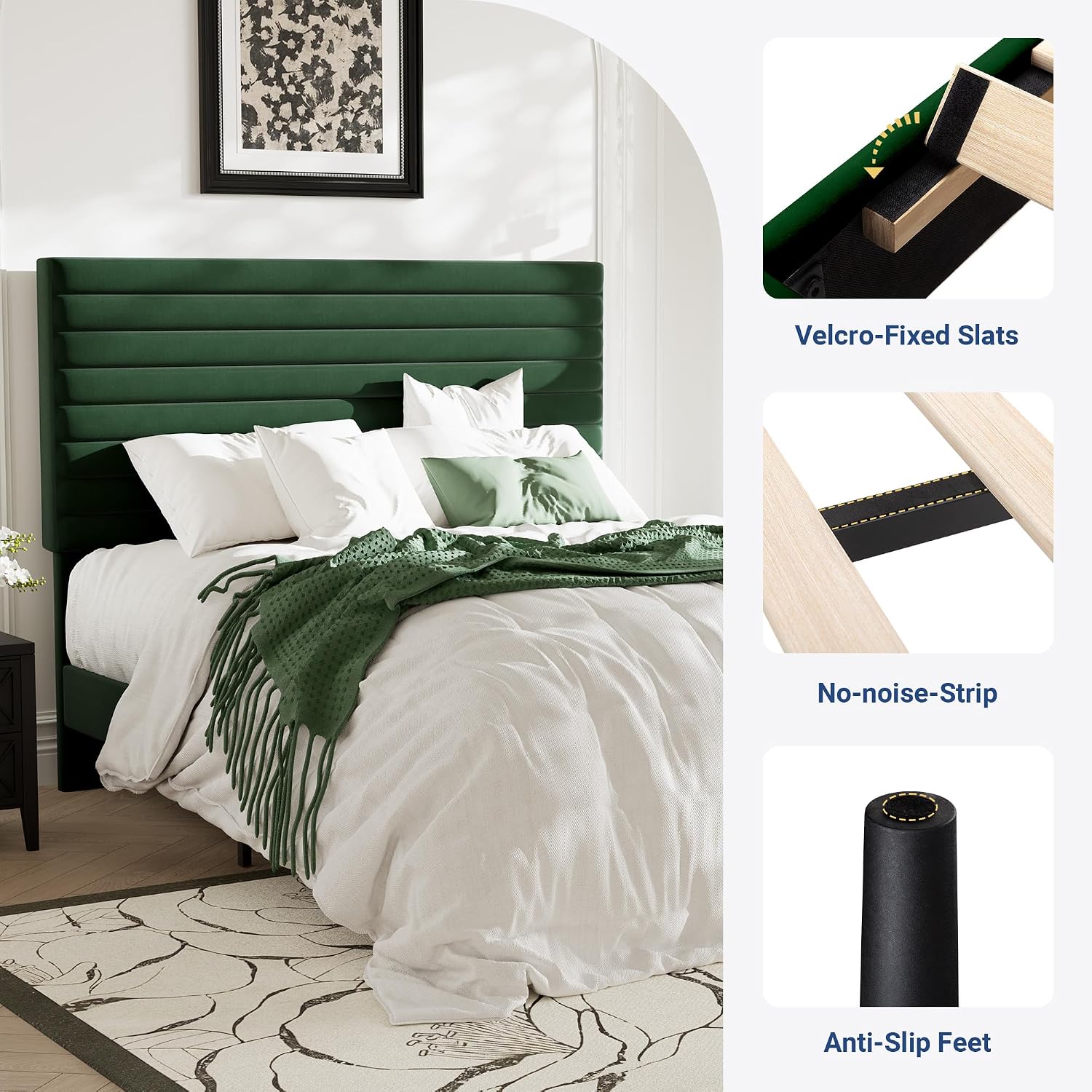 Allewie Queen Bed Frame, Velvet Upholstered Platform Bed with Adjustable Headboard, Horizontal Channel Design, Wood Slat Support, No Box Spring Needed, Noise Free, Easy Assembly, White