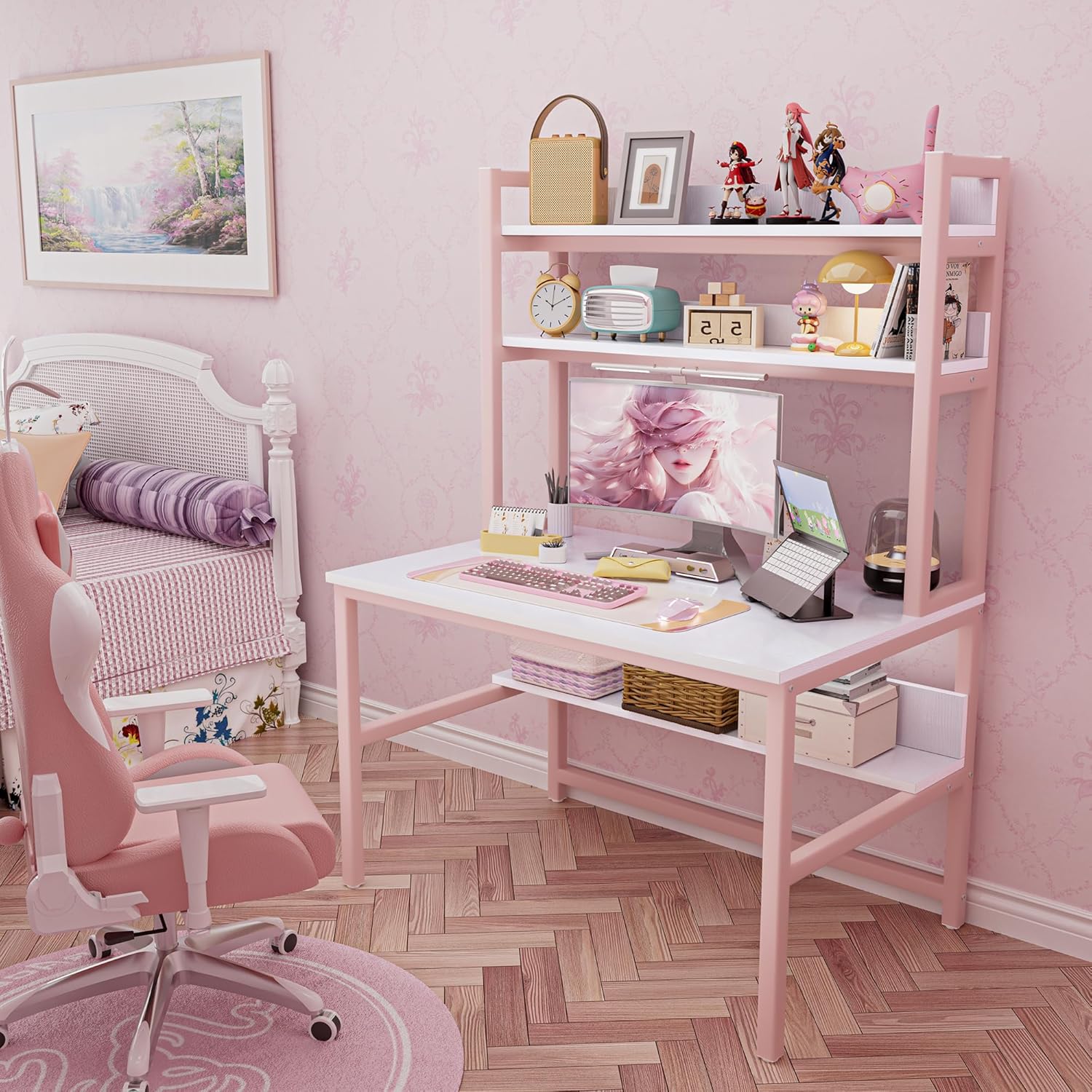 Aquzee Computer Desk with Shelves, 47" W x 23.6" D Gaming Desk with Hutch and Bookshelf