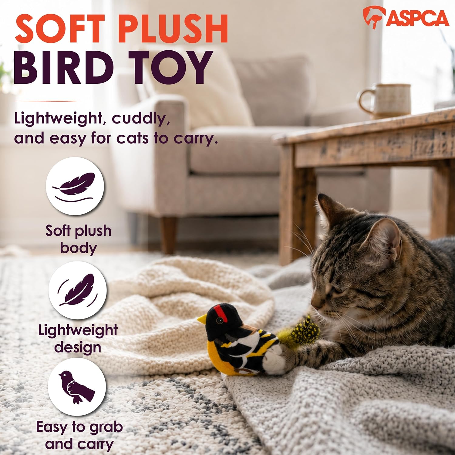 ASPCA Chirping Bird Cat Toy – Catnip-Infused Plush Bird Toy with Realistic Sound, Interactive Cat Toy for Indoor Cats, Encourages Pouncing, Batting & Natural Hunting Play