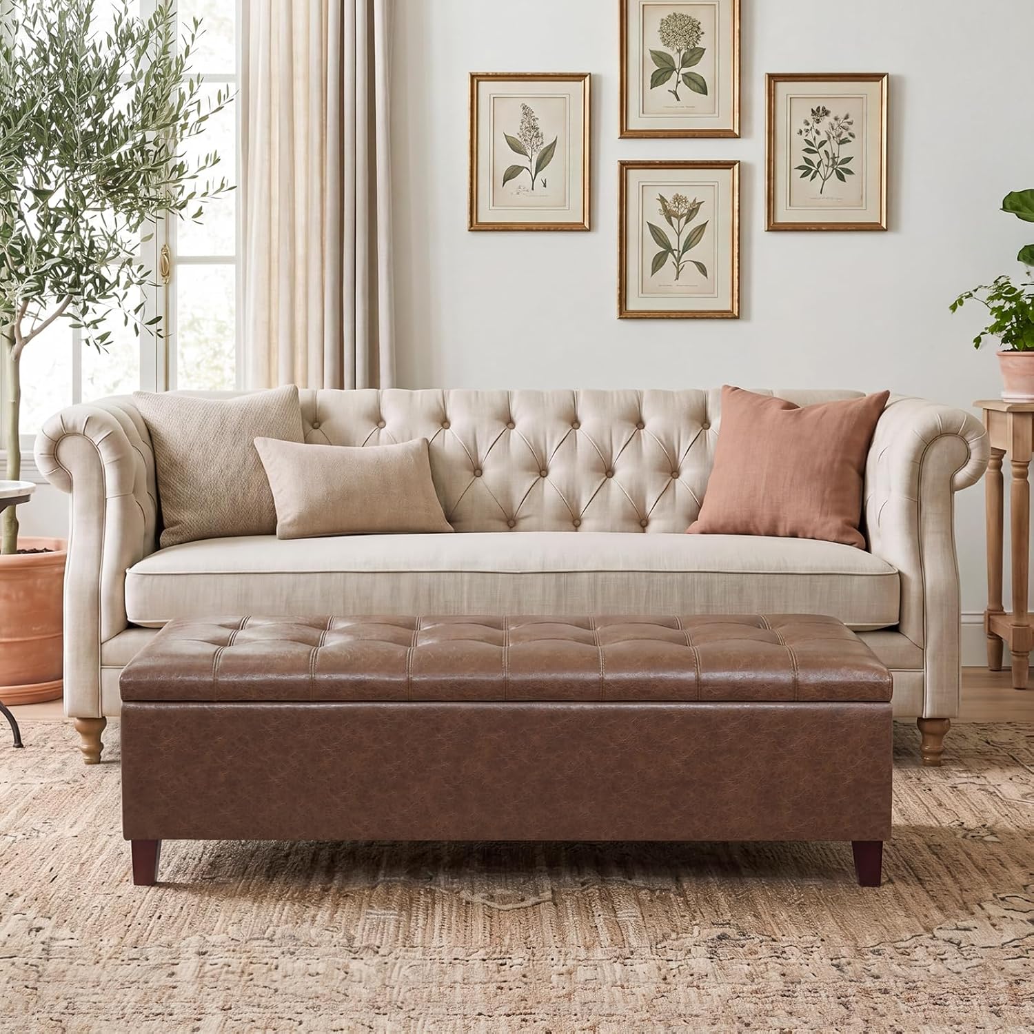 51 Inch Storage Bench,Leather Tufted Storage Ottoman with Legs | Safety Hinges,Wooden Legs,Upholstered,End of Bed,Bedroom,Living Room,Entryway,330LBS,Brown