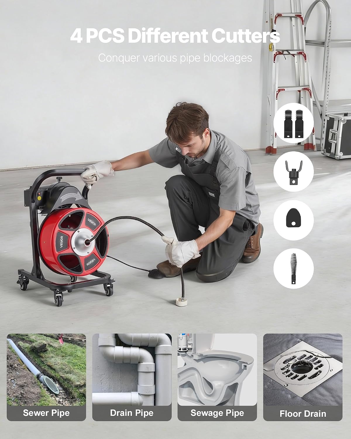 VEVOR Drain Cleaner Machine 75 FT x 3/8 Inch, Auto Feed Sewer Snake Auger on Wheels, Portable Drain Cleaning Machine with 4 Cutters & Air-activated Foot Switch for 2" to 4" Pipes