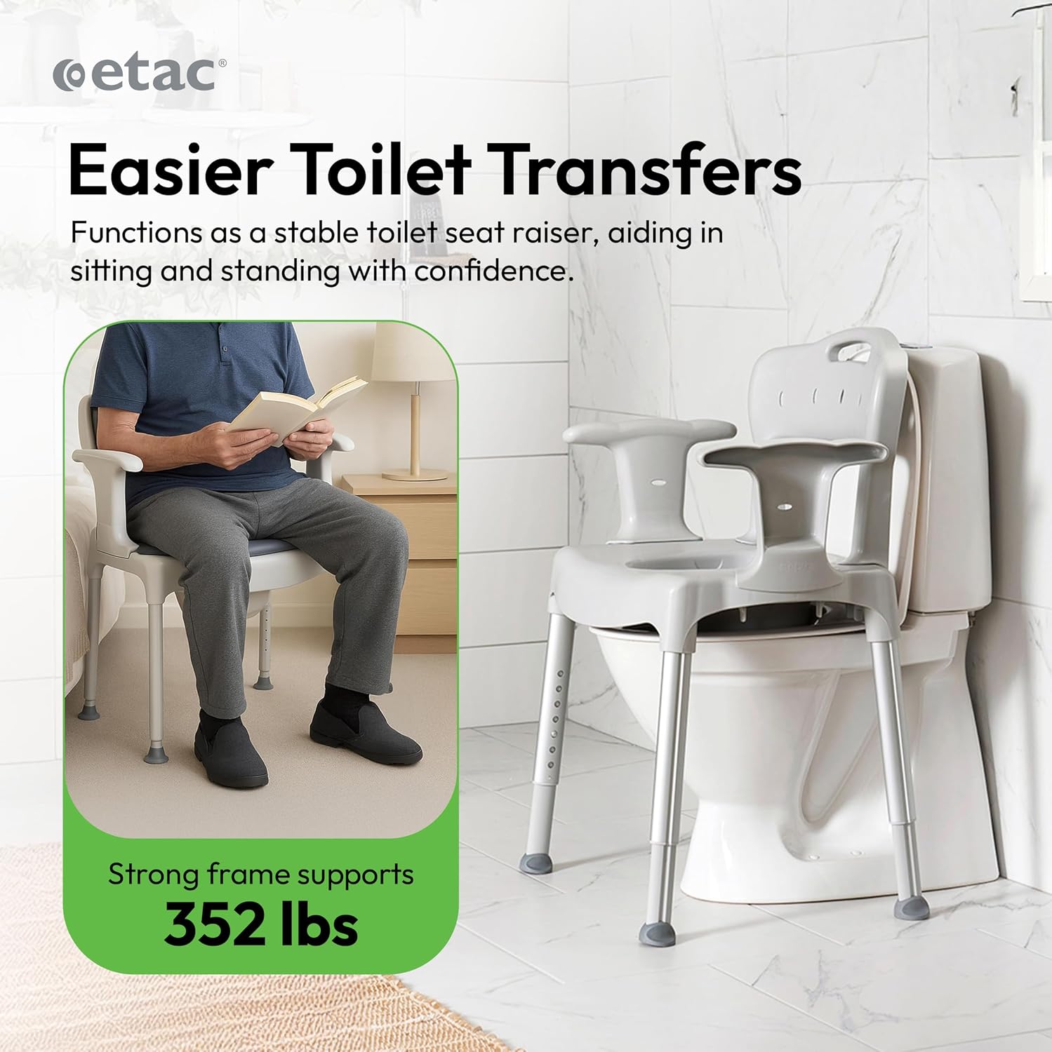 Etac Swift Commode – 3-in-1 Multi-Purpose Chair: Use as a Bedside Commode, Shower Chair & Toilet Seat Raiser – Height Adjustable, Lightweight