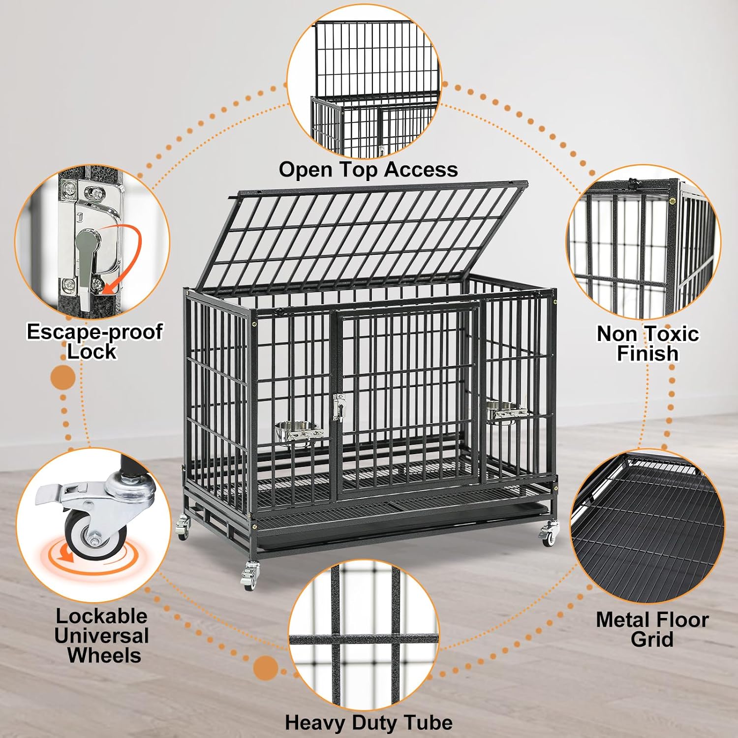 Homey Pet Taller 43" Heavy Duty Double Dog Crates with Divider & Dual Door | Drop Cage for Dogs with Lockable Wheels, Bowls, Removable Tray, Top Access, Ideal for Small to Medium & Large Dogs, Breeders