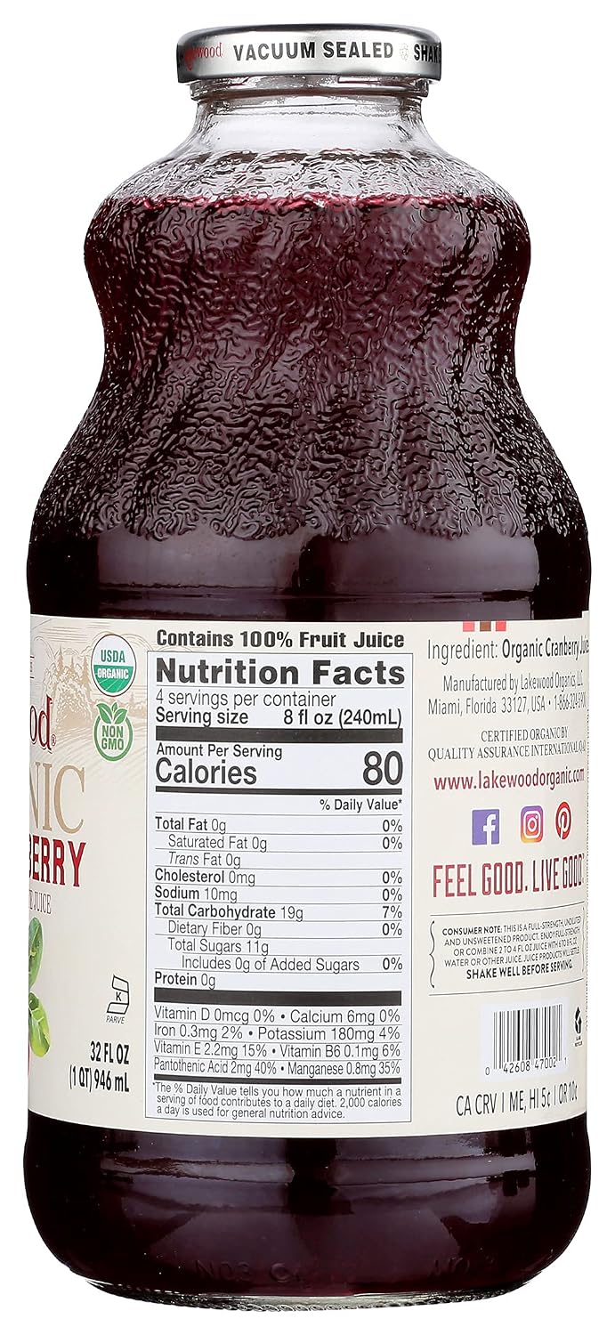 Lakewood Organic Pure Cranberry, Fresh Pressed, 32 Fl Oz (Pack of 6)