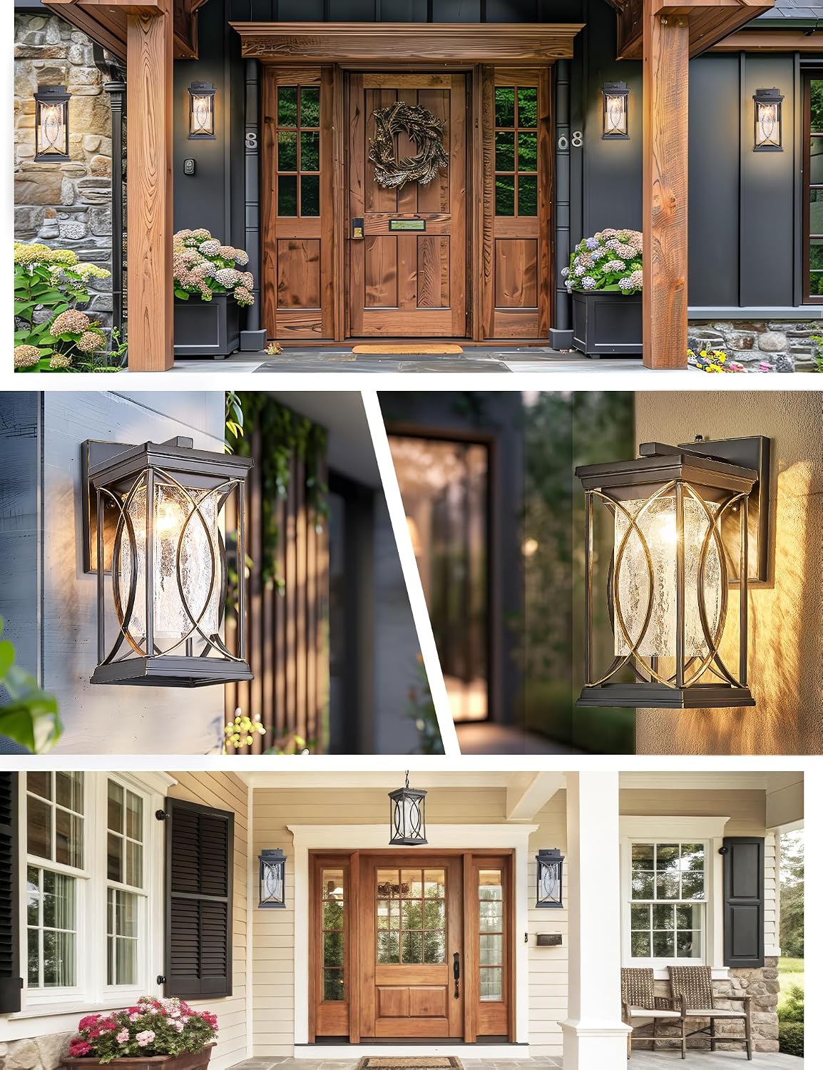 Dusk to Dawn Modern Outdoor Coach Lantern Exterior Light Fixtures Black Aluminum with Crack-Like Glass Waterproof Wall Sconce Mission Outside Light