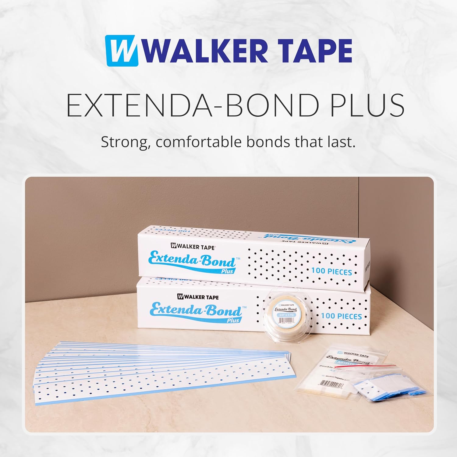 Walker Tape Extenda-Bond Plus Mini Tabs 3/4" x 1 1/2", Breathable Double Sided Wig Tape for Lace Systems, Toupees, and Tape in Hair Extensions Human Hair, Long Wear Hairpiece Tape, 42 Pieces