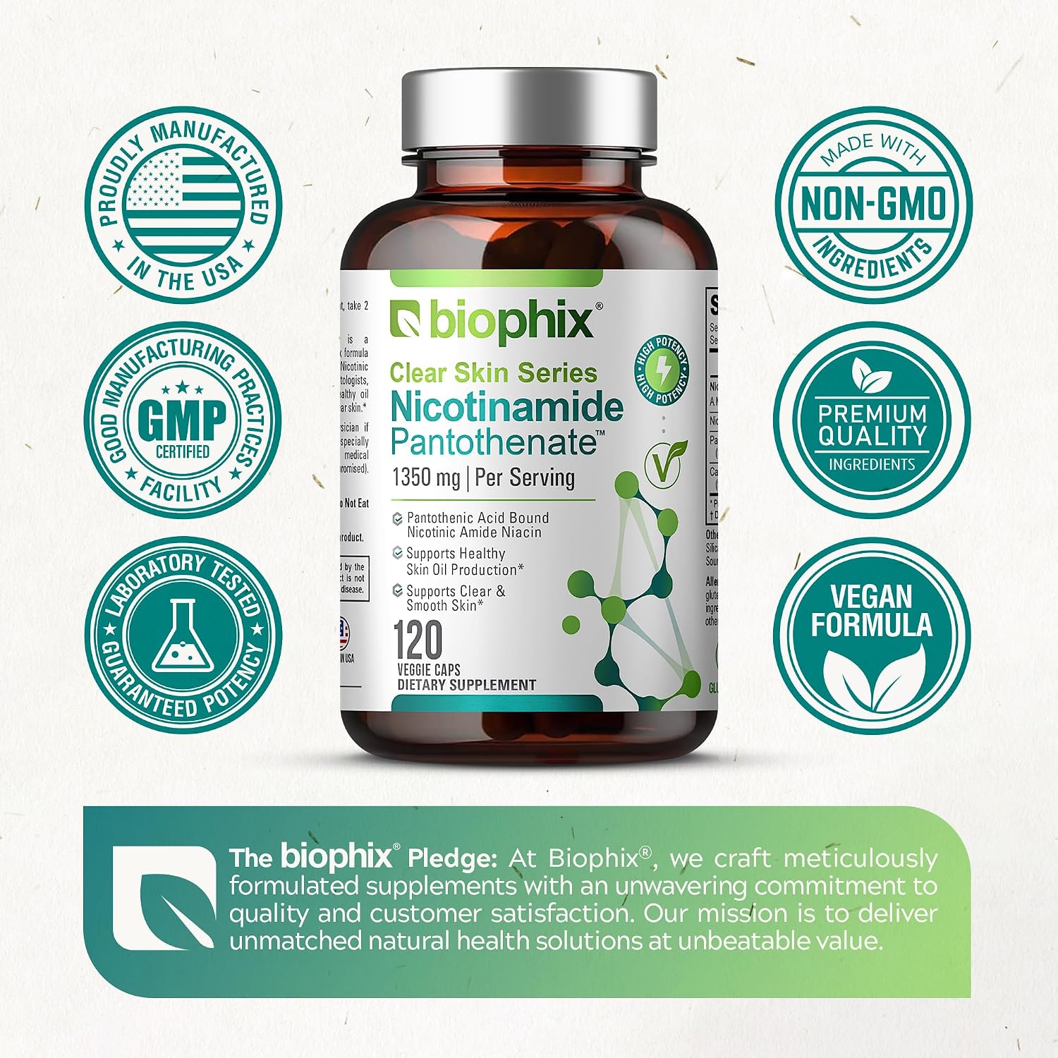 biophix B-3 Nicotinamide Pantothenate 1350 mg 120 Vcaps - Clear Skin Series B5 Pantothenic Acid Natural Flush-Free Nicotinic Amide Niacin - Supports