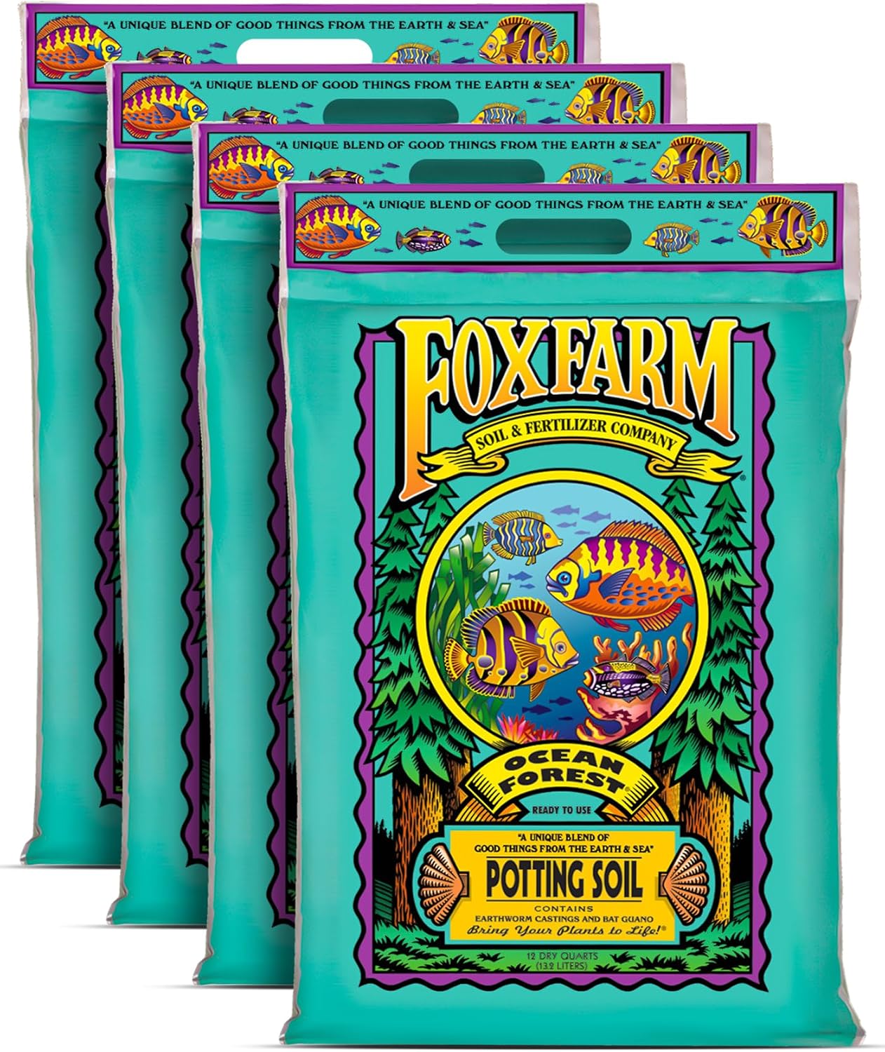 FoxFarm Ocean Forest Potting Soil for Container Gardens - Light, Aerated Texture with Fish Meal, Crab Meal, Earthworm Castings - Houseplant Potting Mix for Seedlings & Plant Starts - 4 x 12 Quart