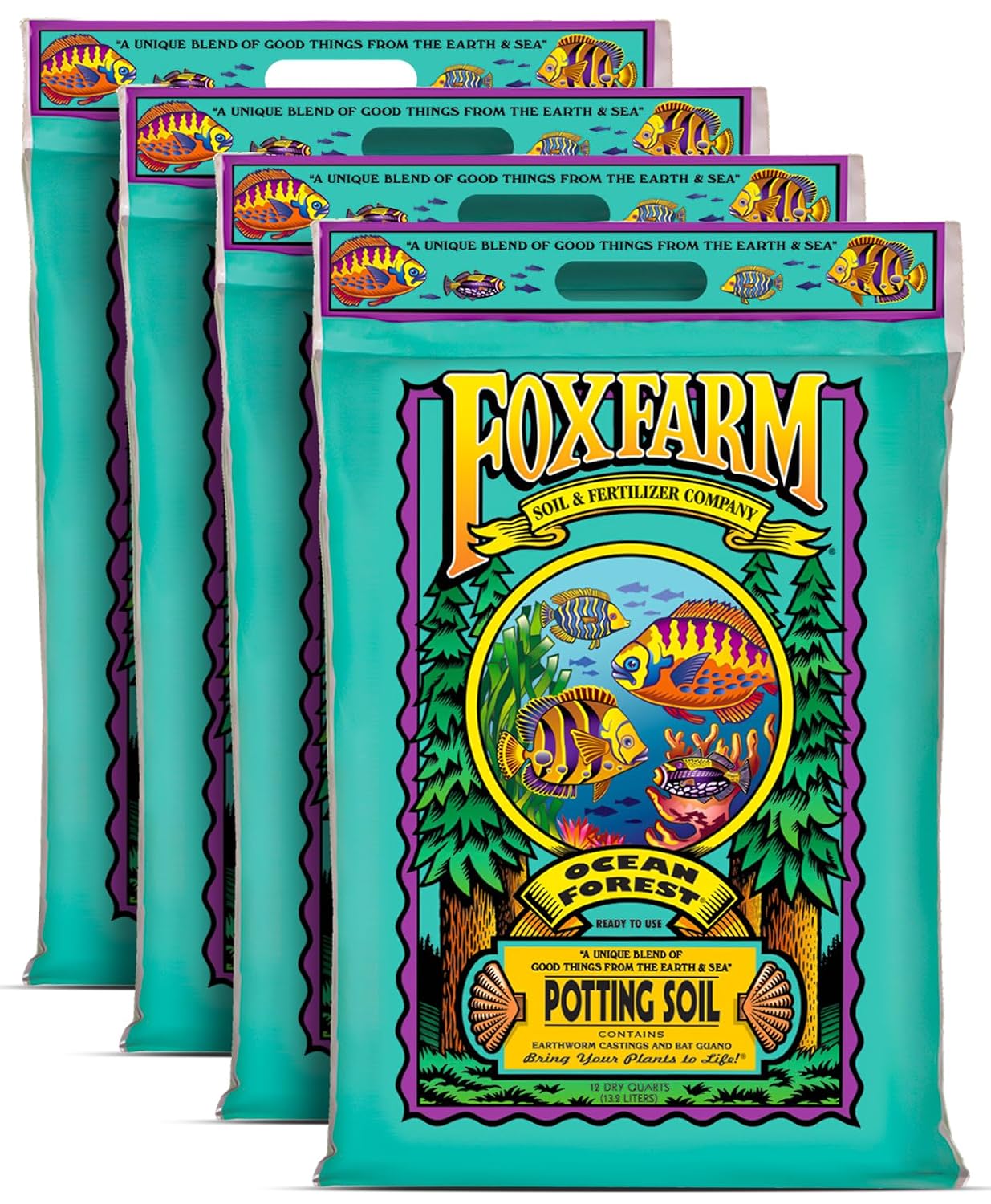 FoxFarm Ocean Forest Potting Soil for Container Gardens - Light, Aerated Texture with Fish Meal, Crab Meal, Earthworm Castings - Houseplant Potting Mix for Seedlings & Plant Starts - 4 x12 Quart