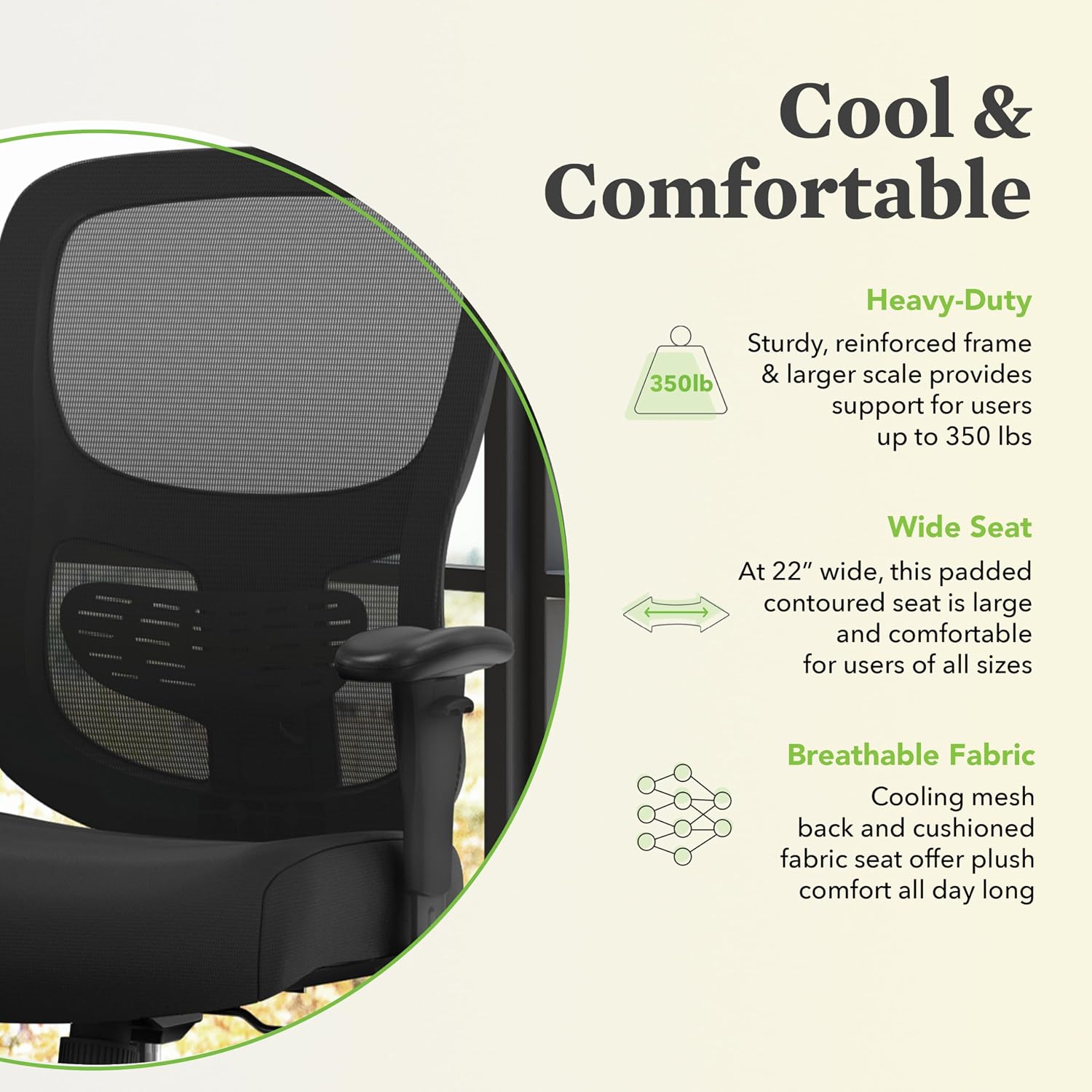 HON Sadie Big and Tall Ergonomic Office Chair, Heavy Duty Desk Chair, Black | Big and tall ergonomic office desk chair for desk work, lumbar support, adjustable arms, mesh comfort, 350 lb capacity