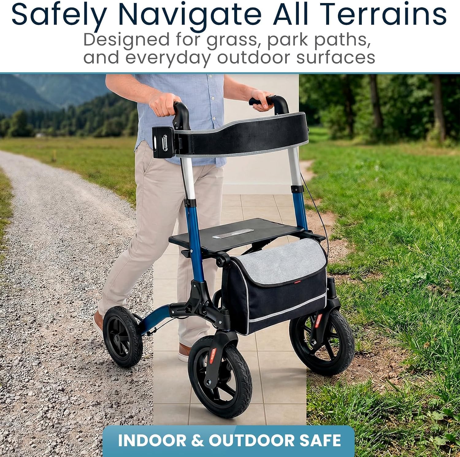 Vive All-Terrain Rollator Walker with 12” Pneumatic Wheels - Padded Seat | Backrest