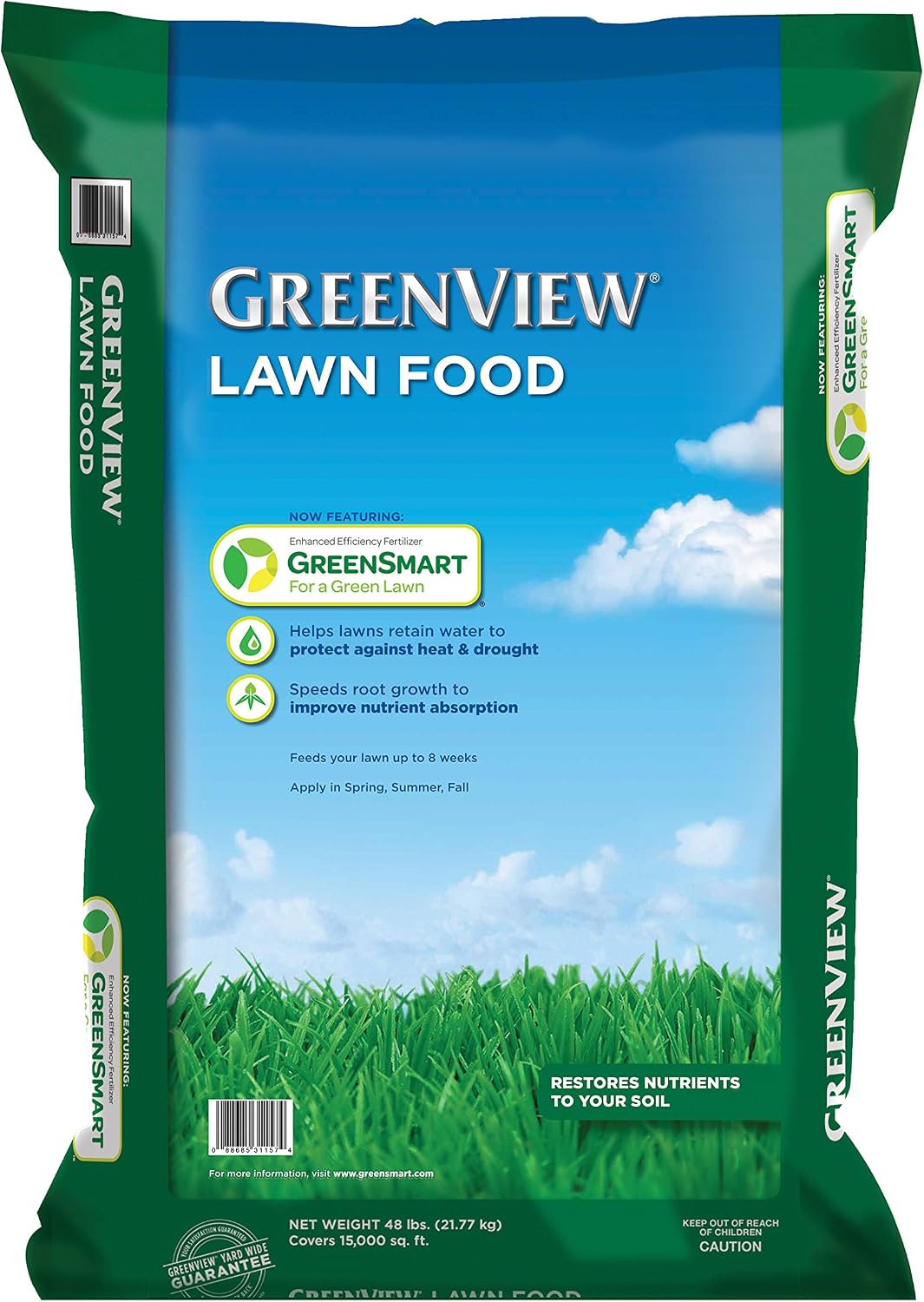 GreenView Lawn Food 48 lb. Bag, Covers 15,000 sq. ft. | 22-0-4 NPK formula - Restores soil nutrients - 8 weeks continuous feeding