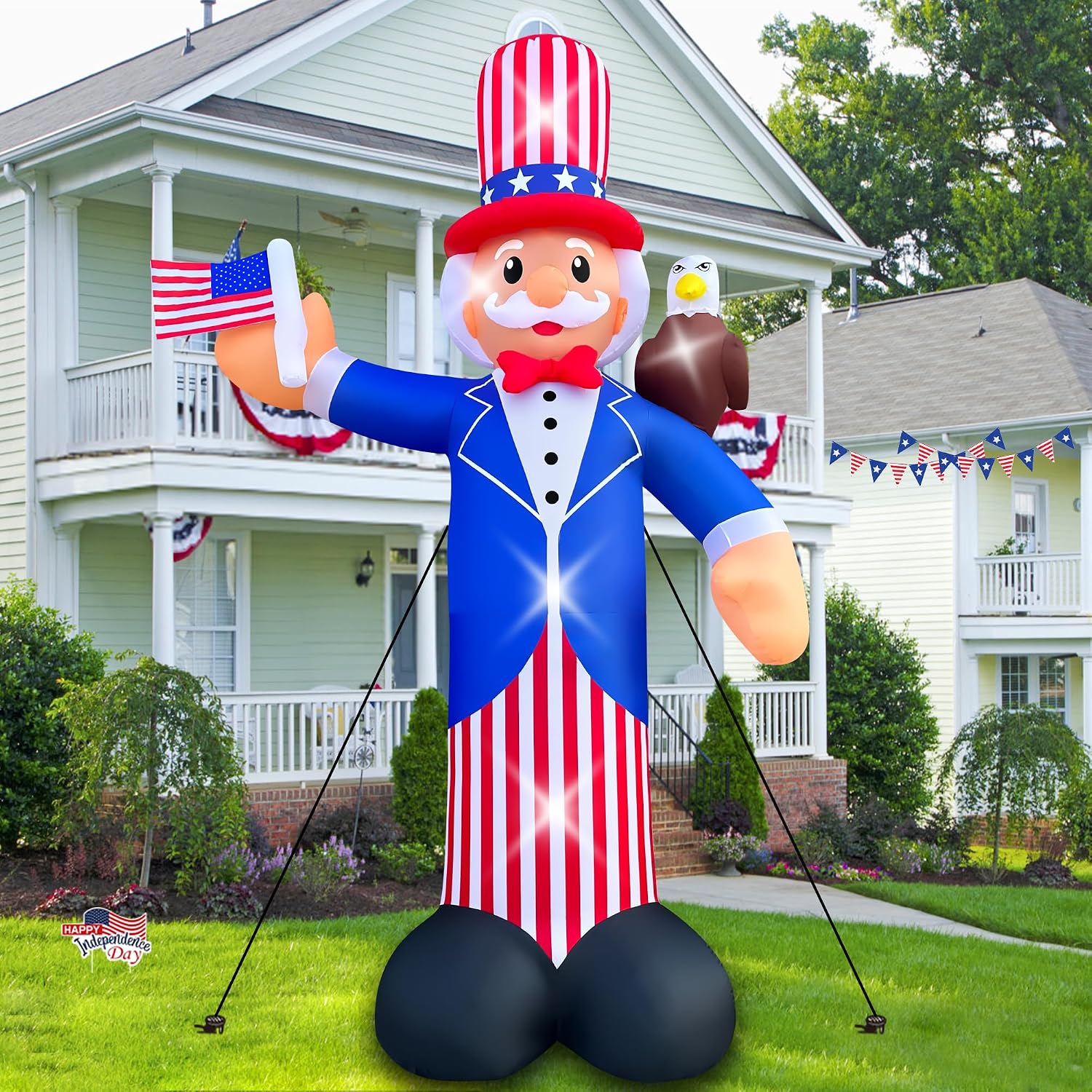 SEASONBLOW 12FT Independence Day Inflatable Uncle Sam with Bald Eagle Decorations Patriotic 4th of July LED Light Up Blow up Flag for Home Yard Lawn