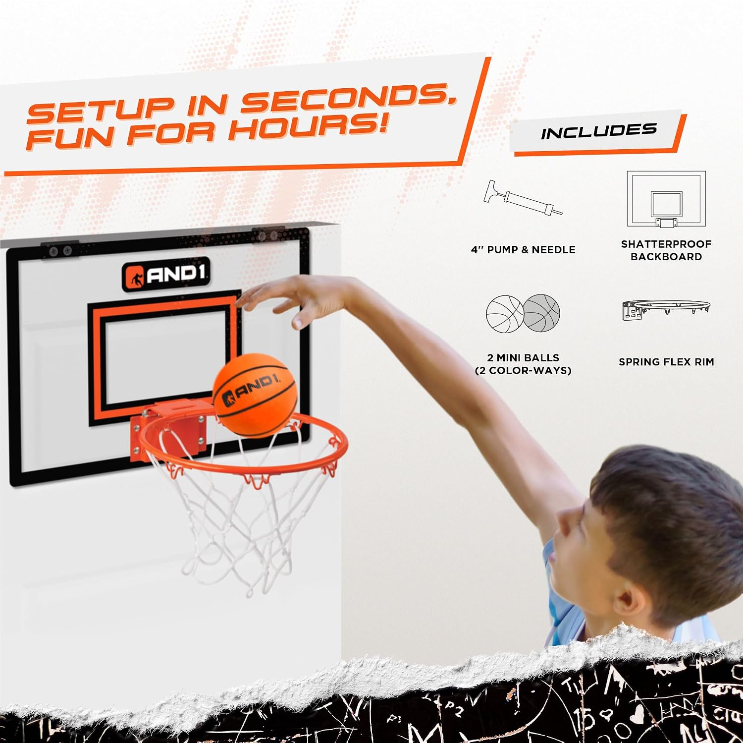 AND1 Over the Door Mini Basketball Hoop: 18x12 Shatterproof Backboard, 2 Mini Basketballs