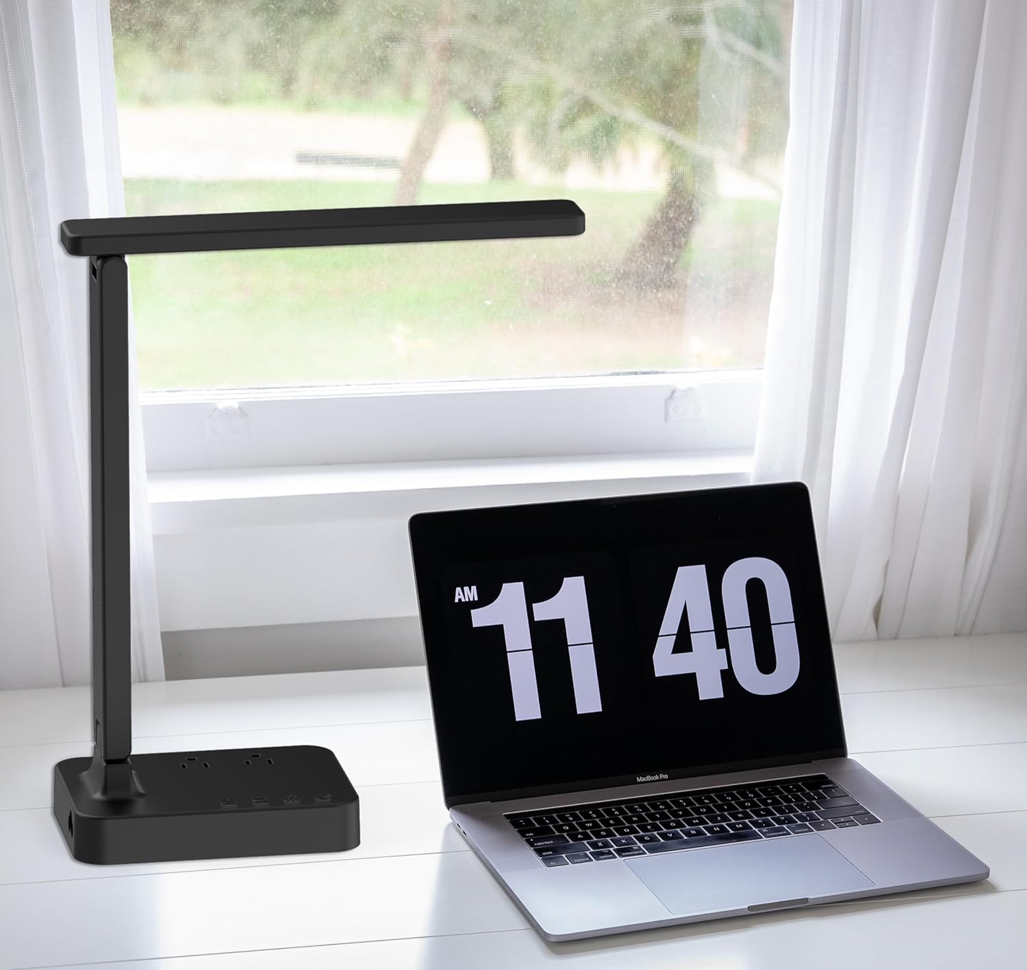 Drevet LED Desk Lamp for College Dorm Room, Desk Light with 1 USB Charging Port 2 AC Power Outlet, 3 Lighting Modes, 3 Level Brightness Touch Lamp