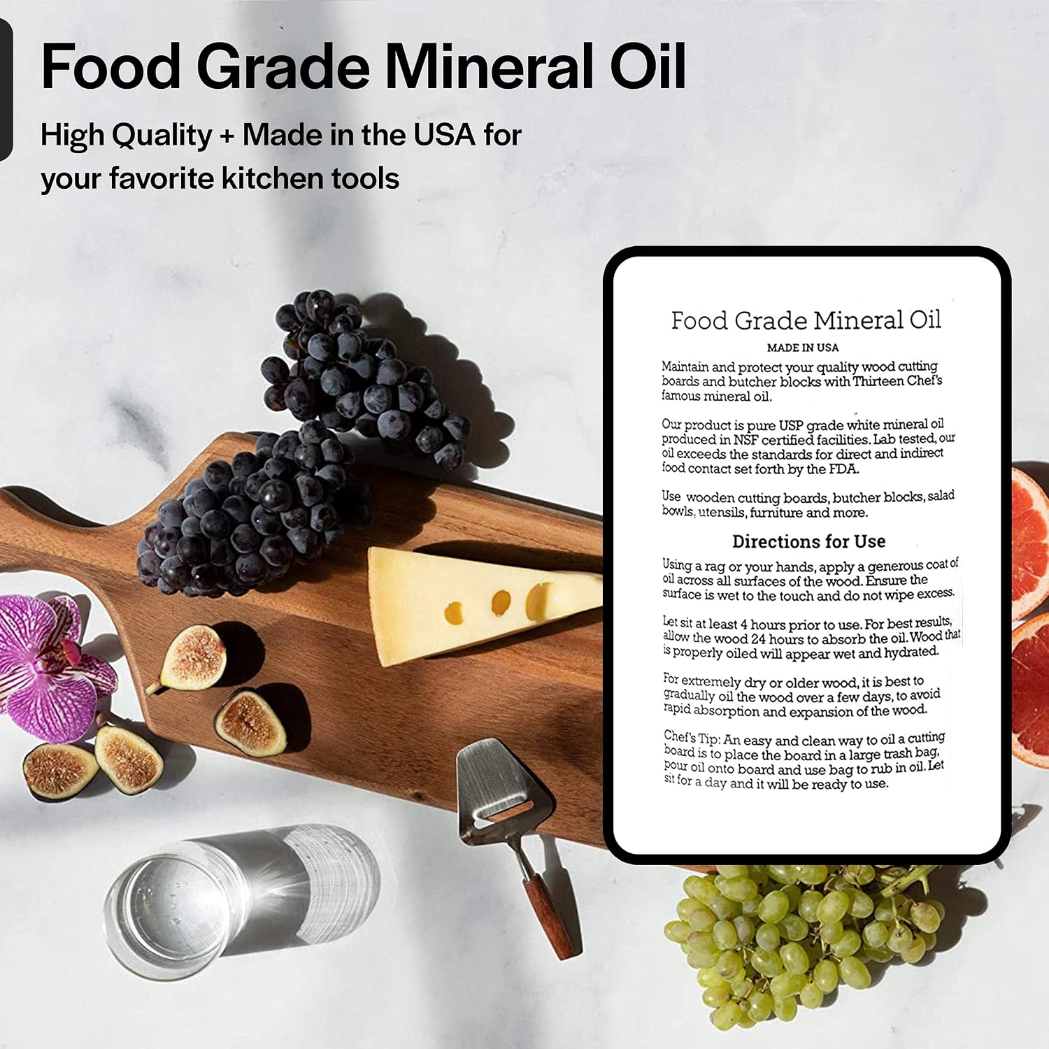 Thirteen Chefs Mineral Oil - 12oz Food Grade Conditioner for Wood Cutting Board, Countertop & Butcher Block, Lubricant for Knife or Meat Grinder - Safe USP Finish on Marble, Soapstone