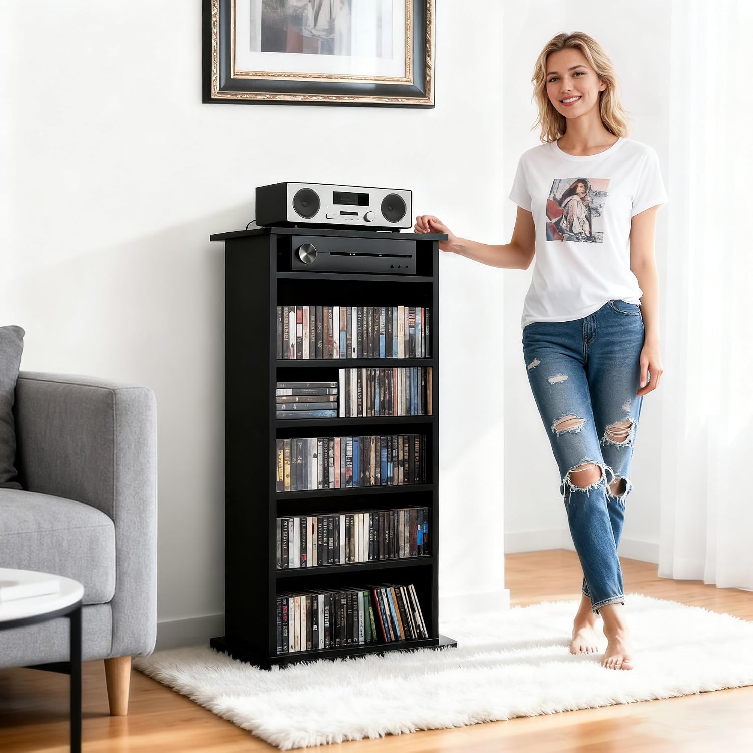 ZENY Multimedia Storage Cabinet DVD Rack Book Shelf Organizer Stand Audio Media Tower, 36" X 19" X 7" Black