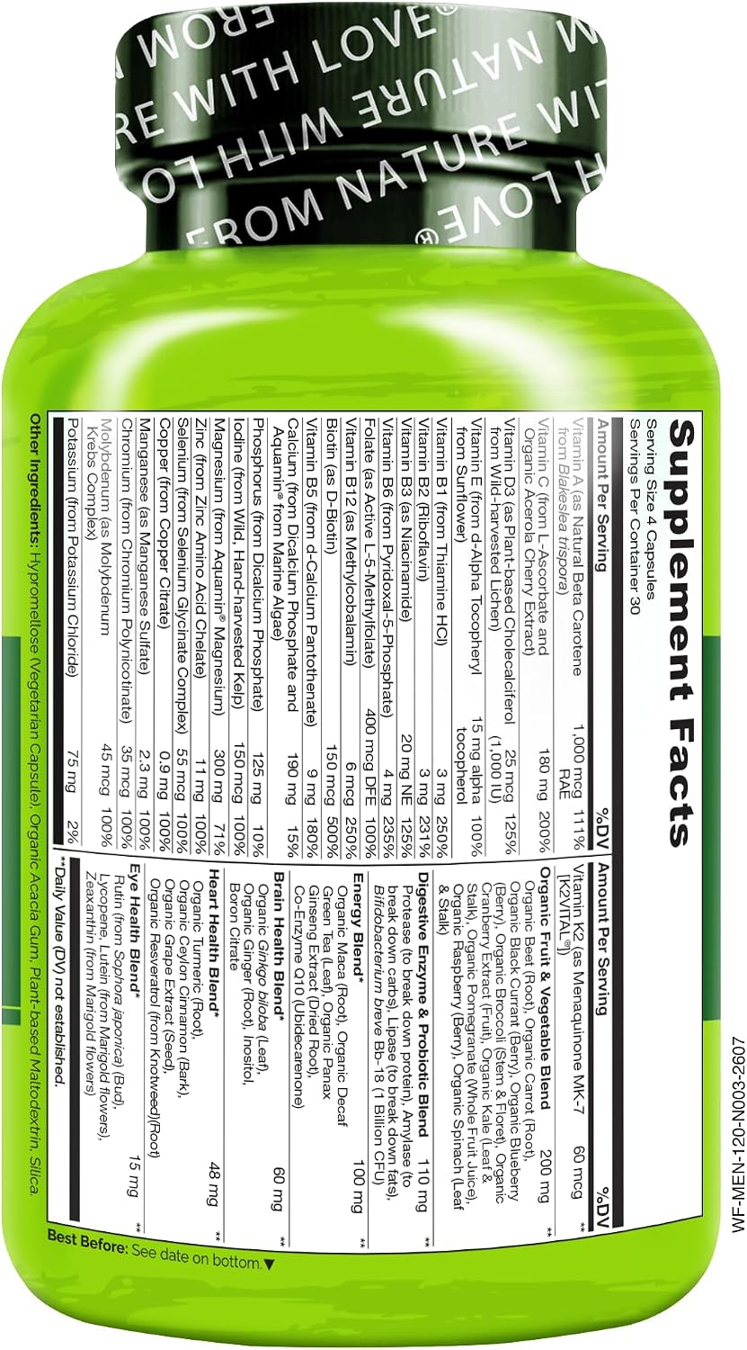 NATURELO Men's Multivitamins - Whole Food Multivitamin for Men, 120 Caps | Vitamins, minerals, vegetarian capsules, energy, brain, heart, eye health*